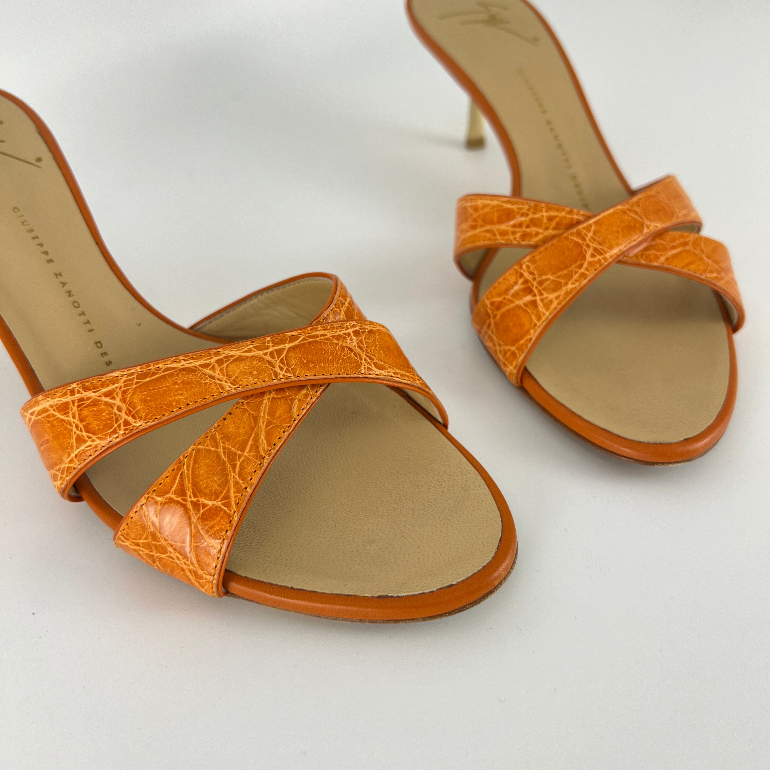 Zanotti | Orange Croc Embossed Leather Gold Heel Strappy Sandal Mules (40)