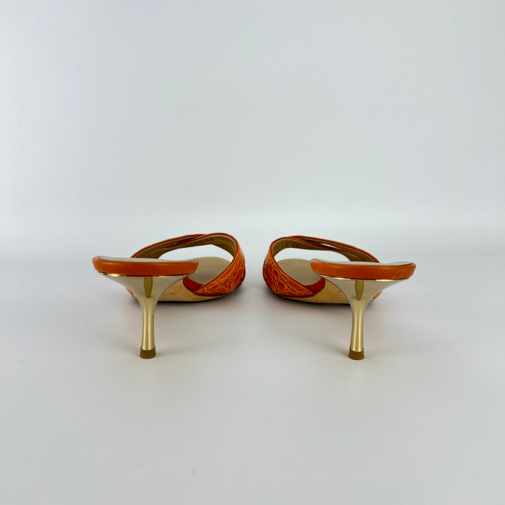 Zanotti | Orange Croc Embossed Leather Gold Heel Strappy Sandal Mules (40)