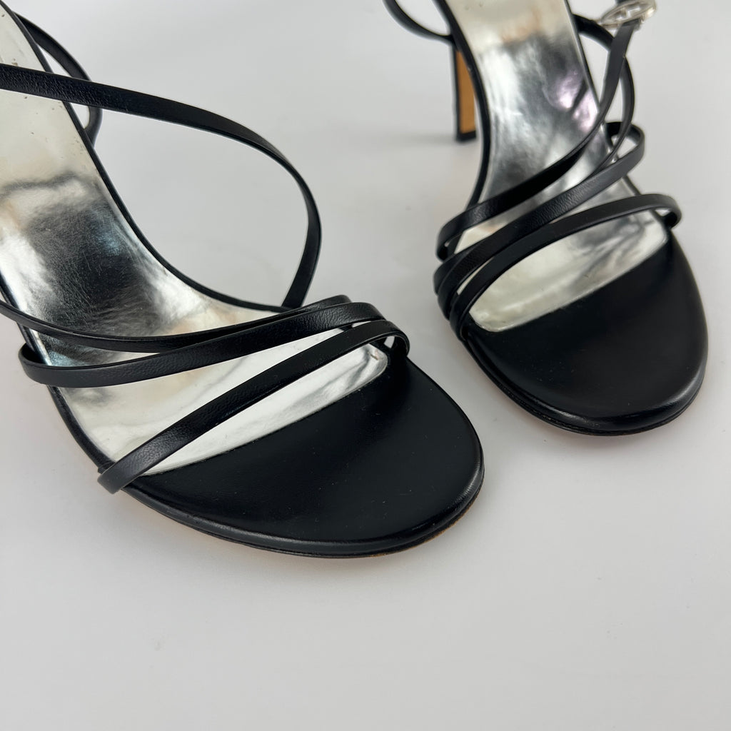 Gucci | GG Logo Silver Hardware Black Leather Metallic Insole Strappy Heels (37.5)