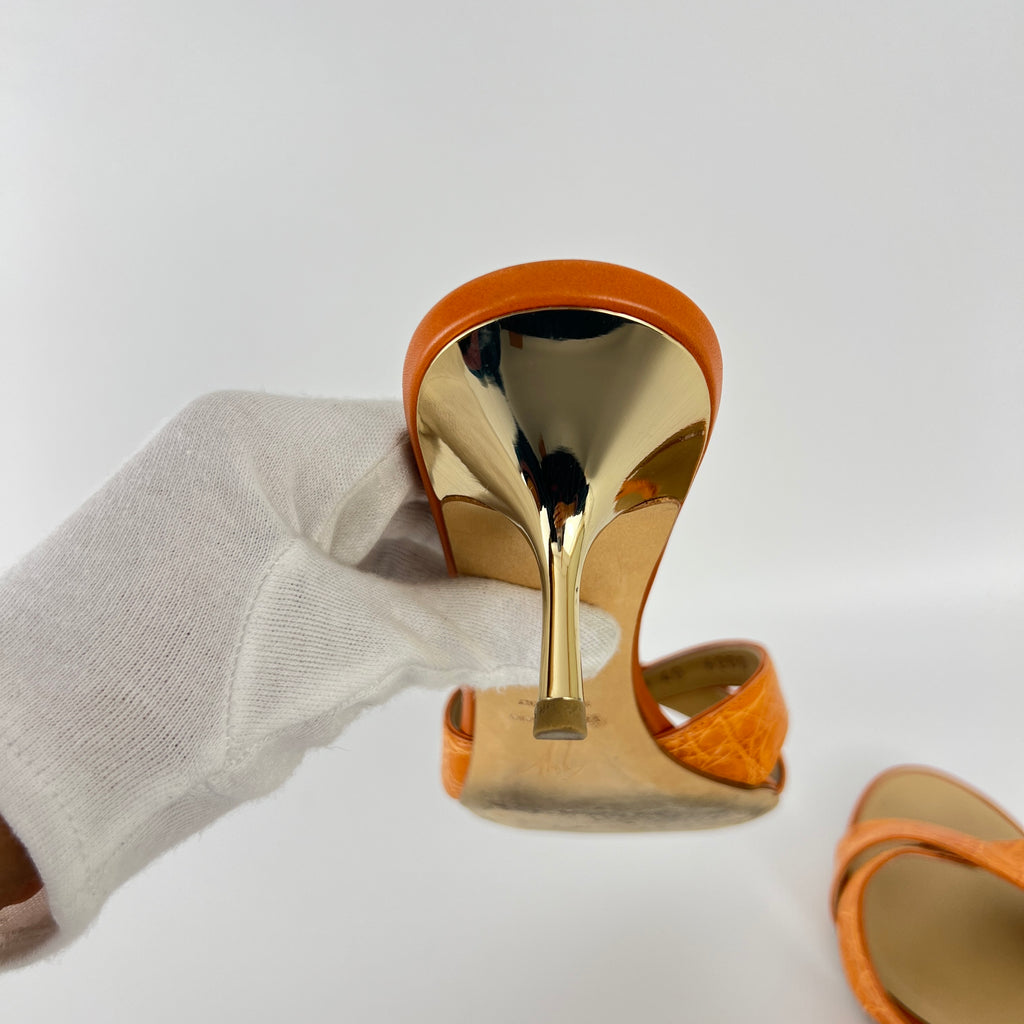 Zanotti | Orange Croc Embossed Leather Gold Heel Strappy Sandal Mules (40)