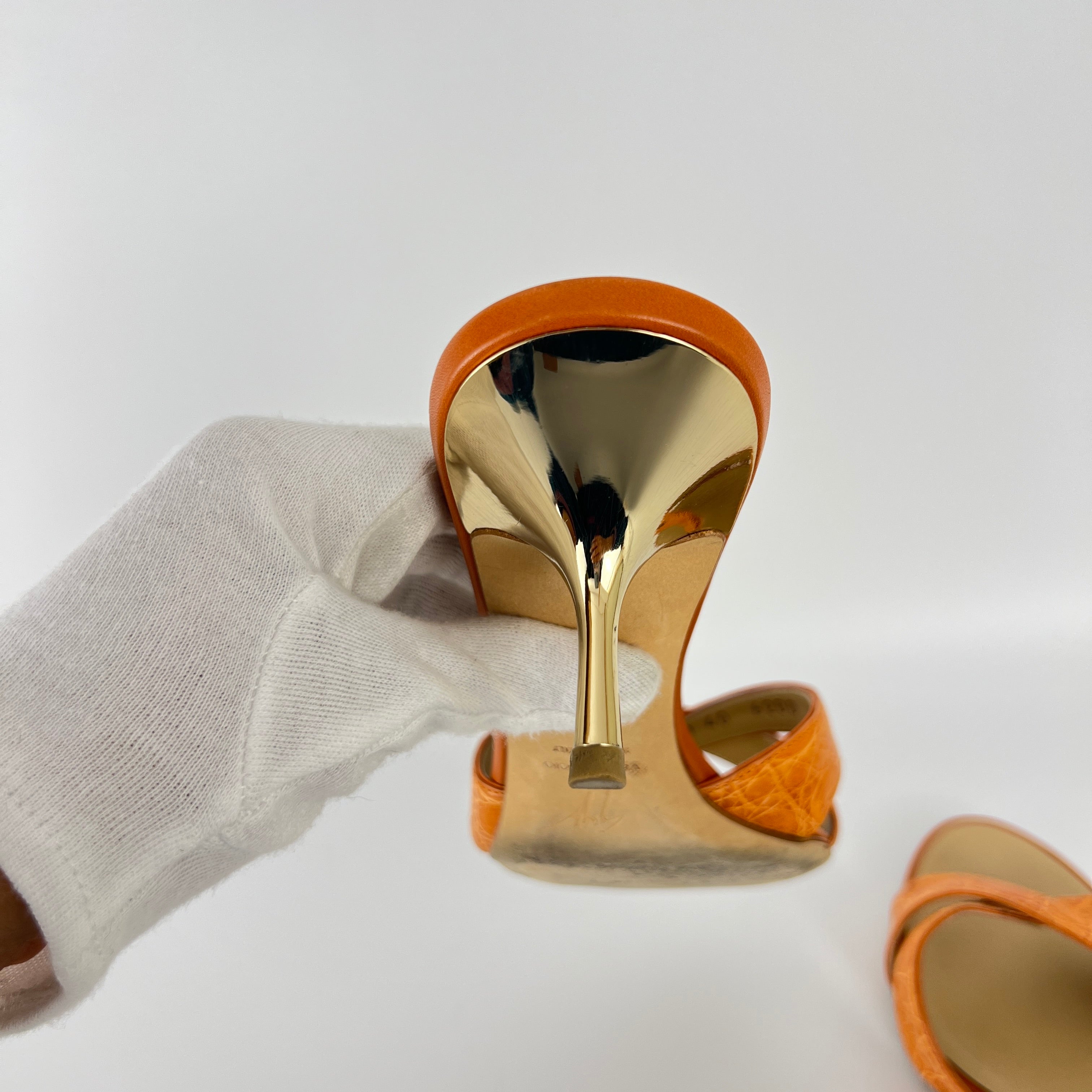 Zanotti | Orange Croc Embossed Leather Gold Heel Strappy Sandal Mules (40)