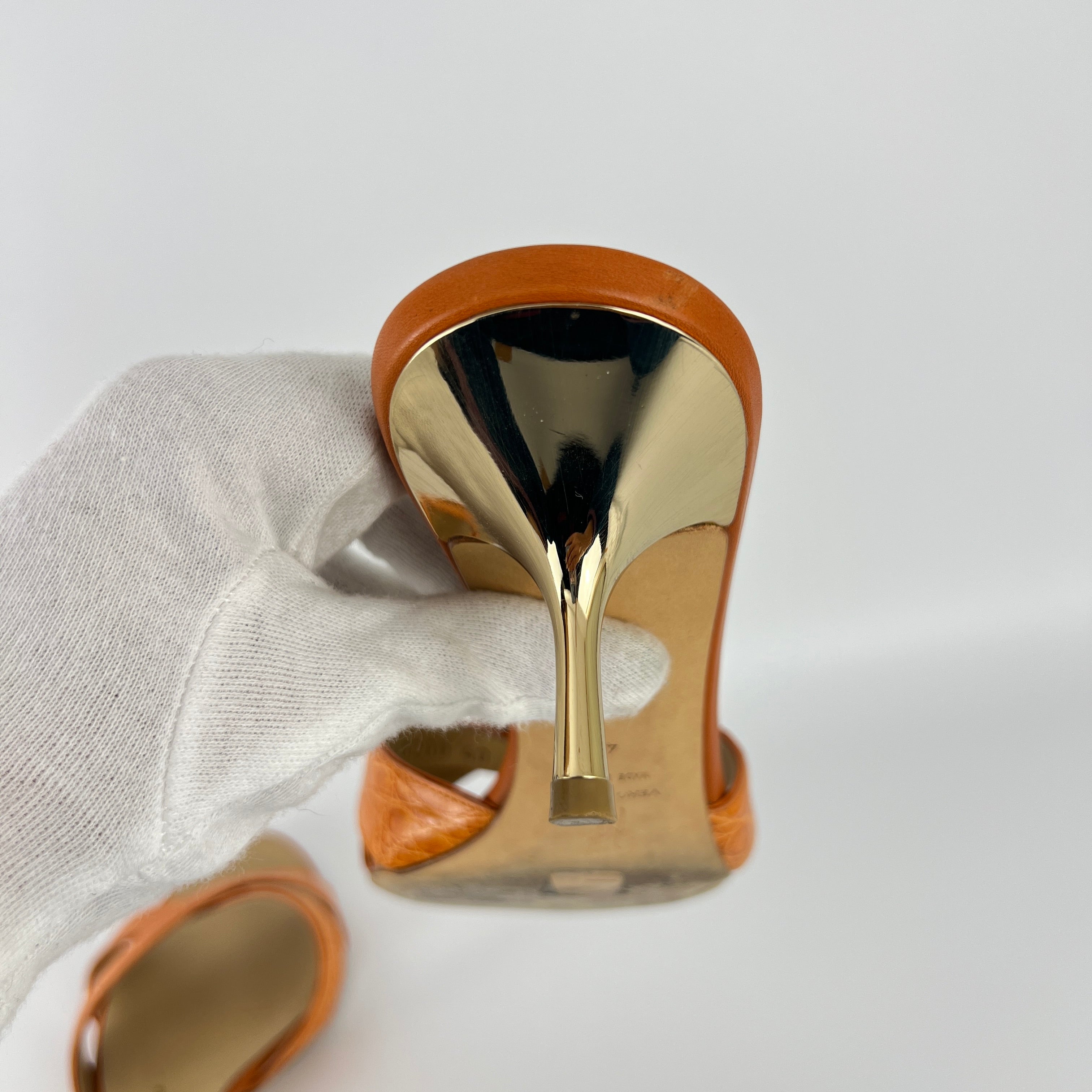 Zanotti | Orange Croc Embossed Leather Gold Heel Strappy Sandal Mules (40)