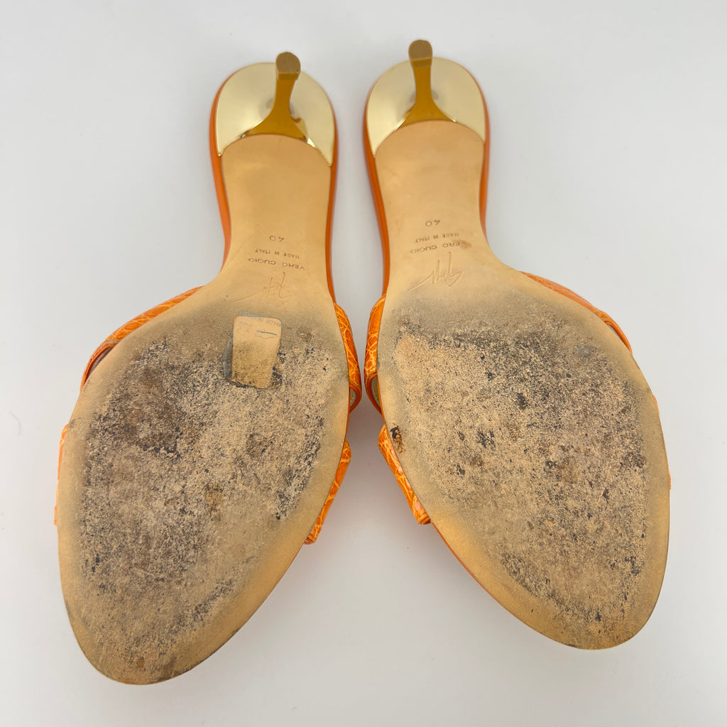 Zanotti | Orange Croc Embossed Leather Gold Heel Strappy Sandal Mules (40)