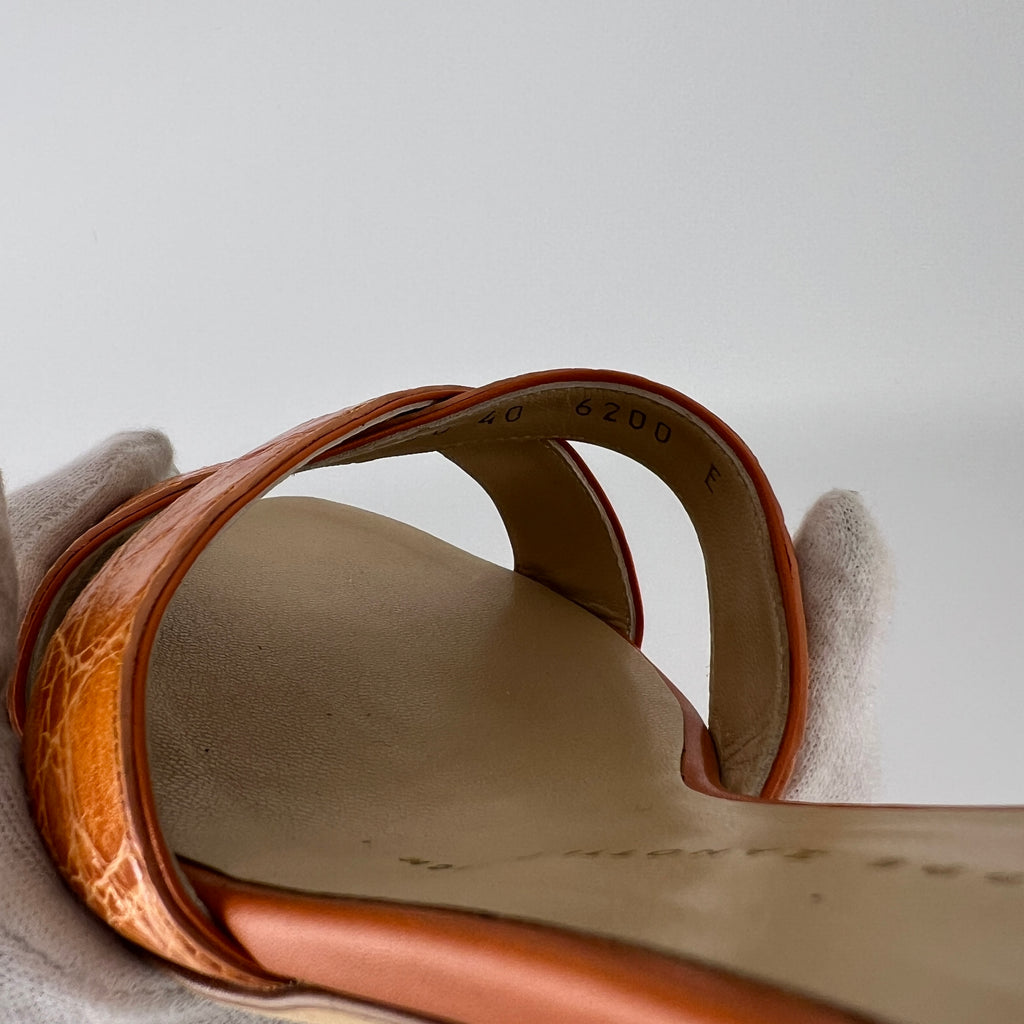 Zanotti | Orange Croc Embossed Leather Gold Heel Strappy Sandal Mules (40)