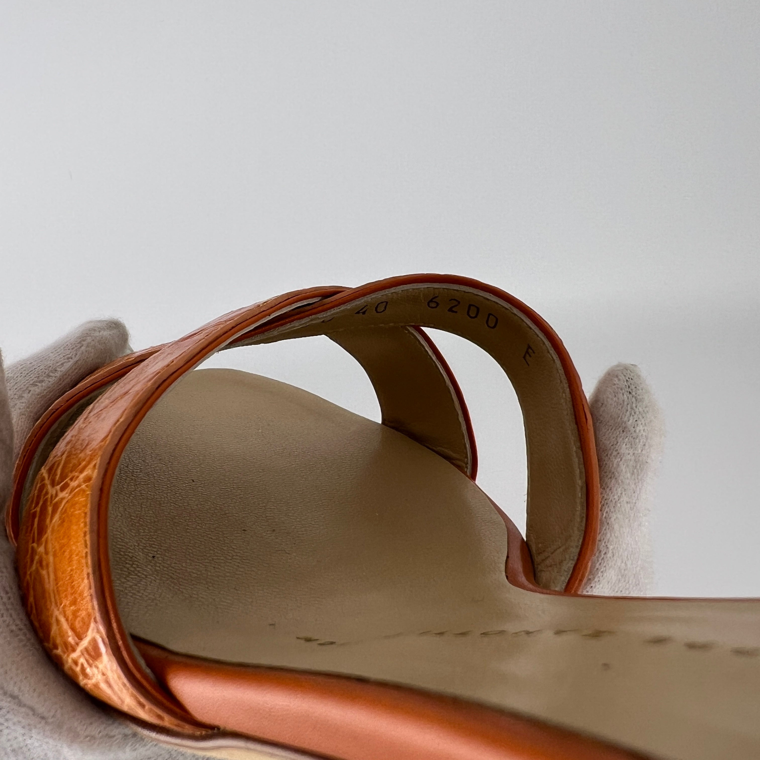 Zanotti | Orange Croc Embossed Leather Gold Heel Strappy Sandal Mules (40)