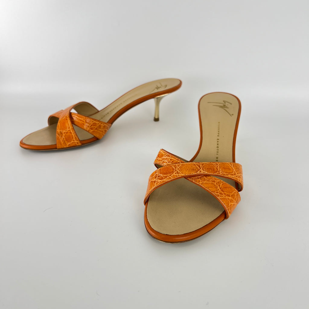 Zanotti | Orange Croc Embossed Leather Gold Heel Strappy Sandal Mules (40)