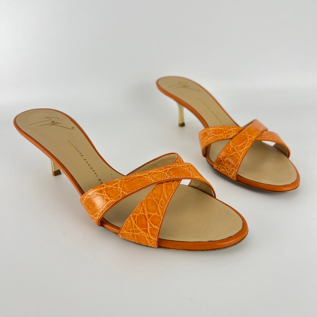Zanotti | Orange Croc Embossed Leather Gold Heel Strappy Sandal Mules (40)
