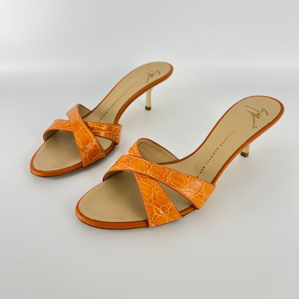 Zanotti | Orange Croc Embossed Leather Gold Heel Strappy Sandal Mules (40)