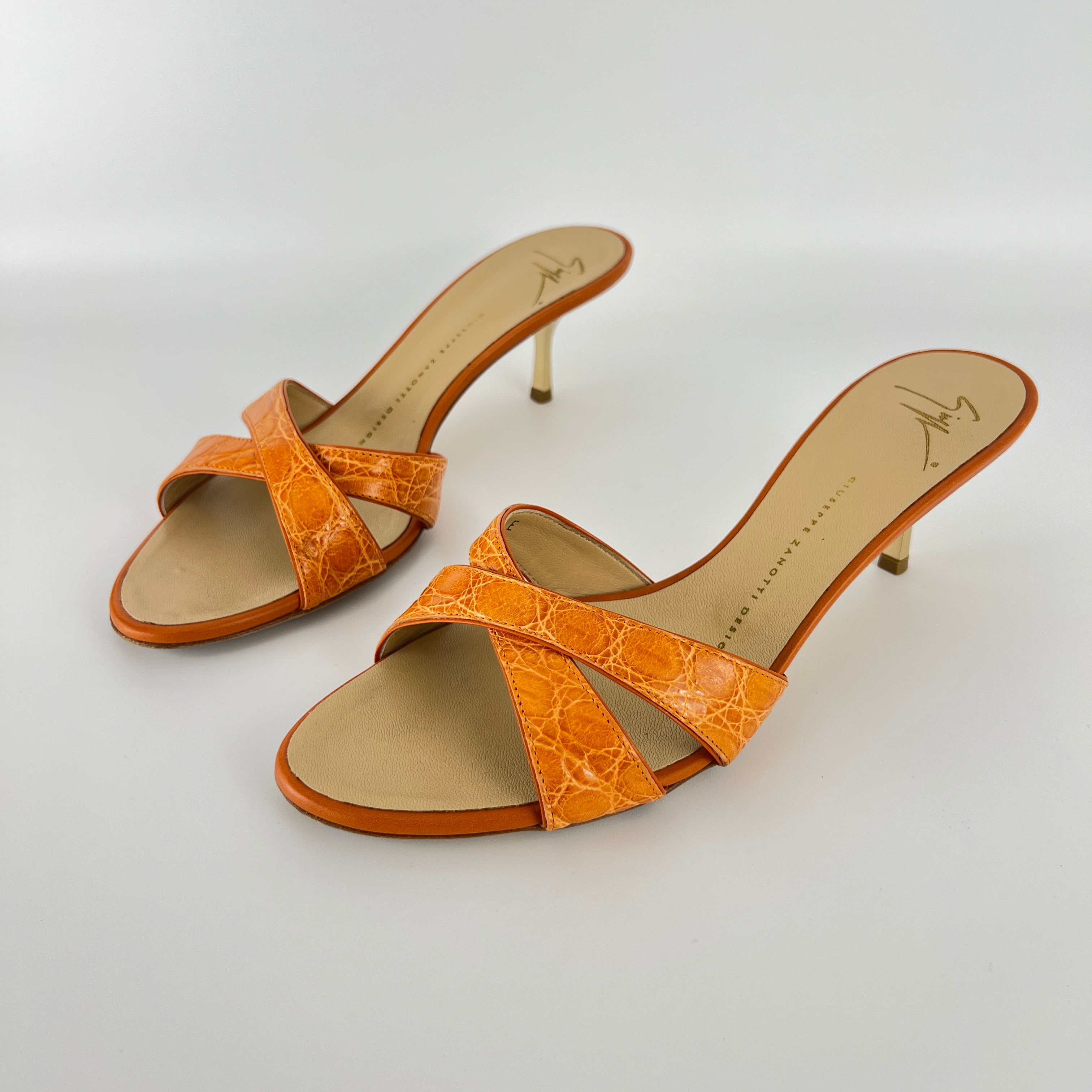 Zanotti | Orange Croc Embossed Leather Gold Heel Strappy Sandal Mules (40)