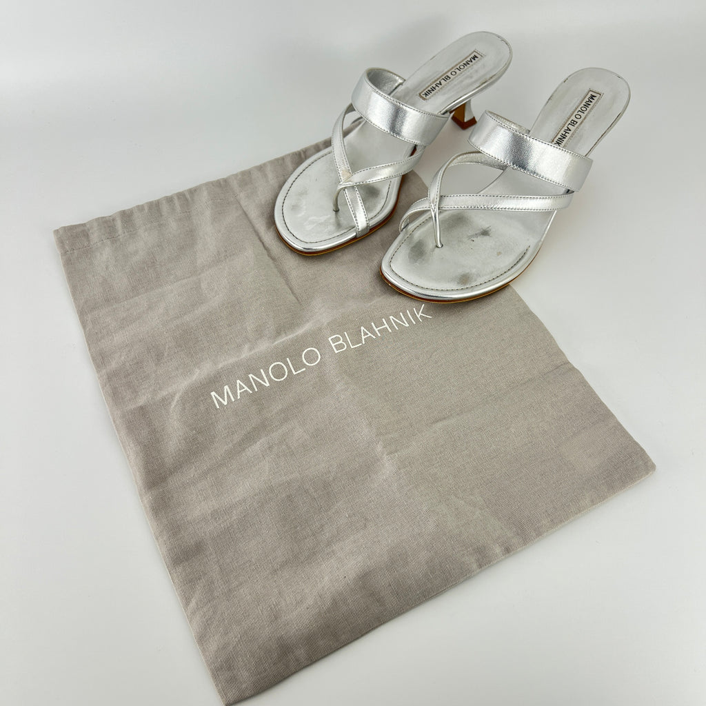 Manolo Blahnik | Susa 50 Metallic Silver Leather Thong Strappy Sandal Mules (35.5)