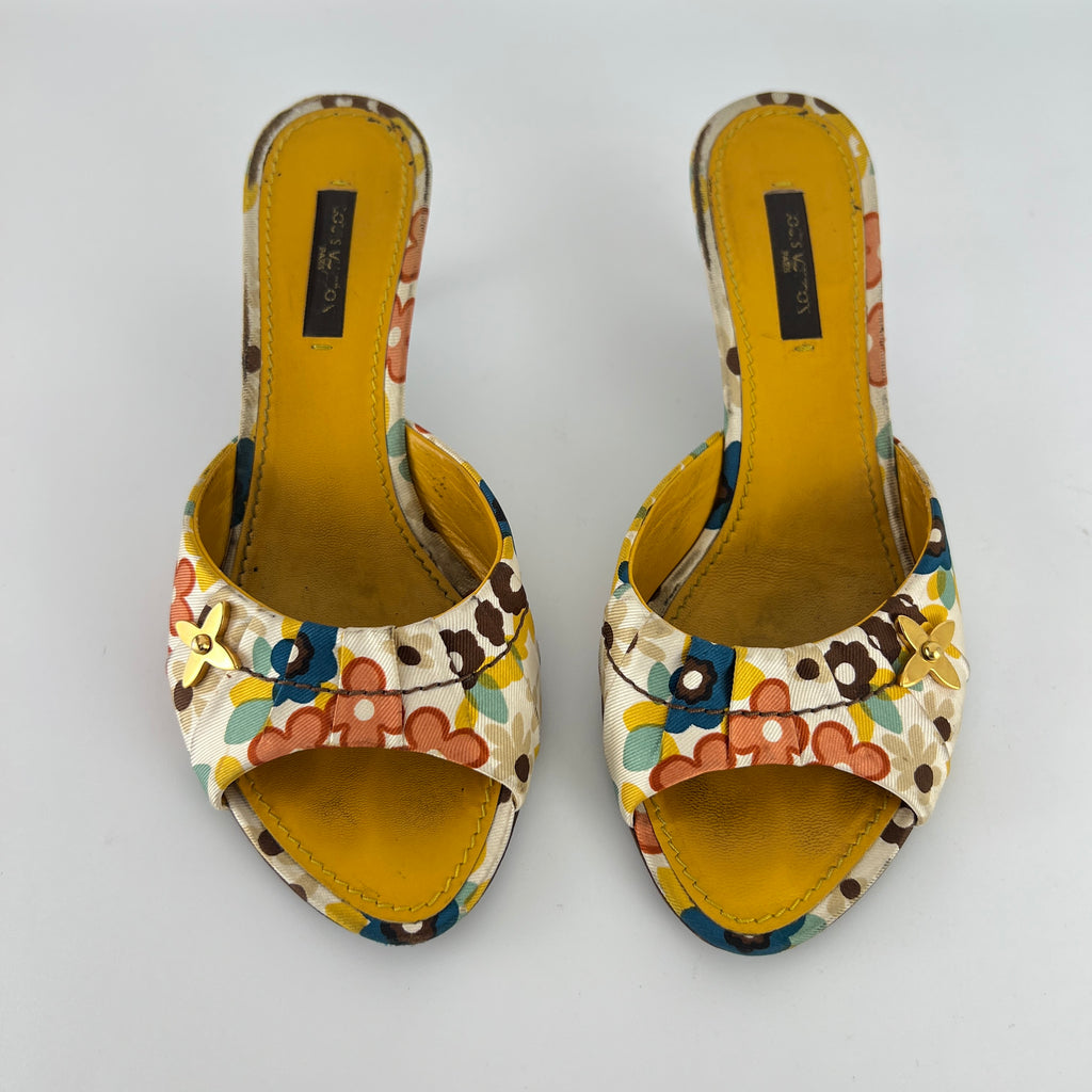 Louis Vuitton | Floral Gold Hardware Logo Kitten Heel Mules (36.5)
