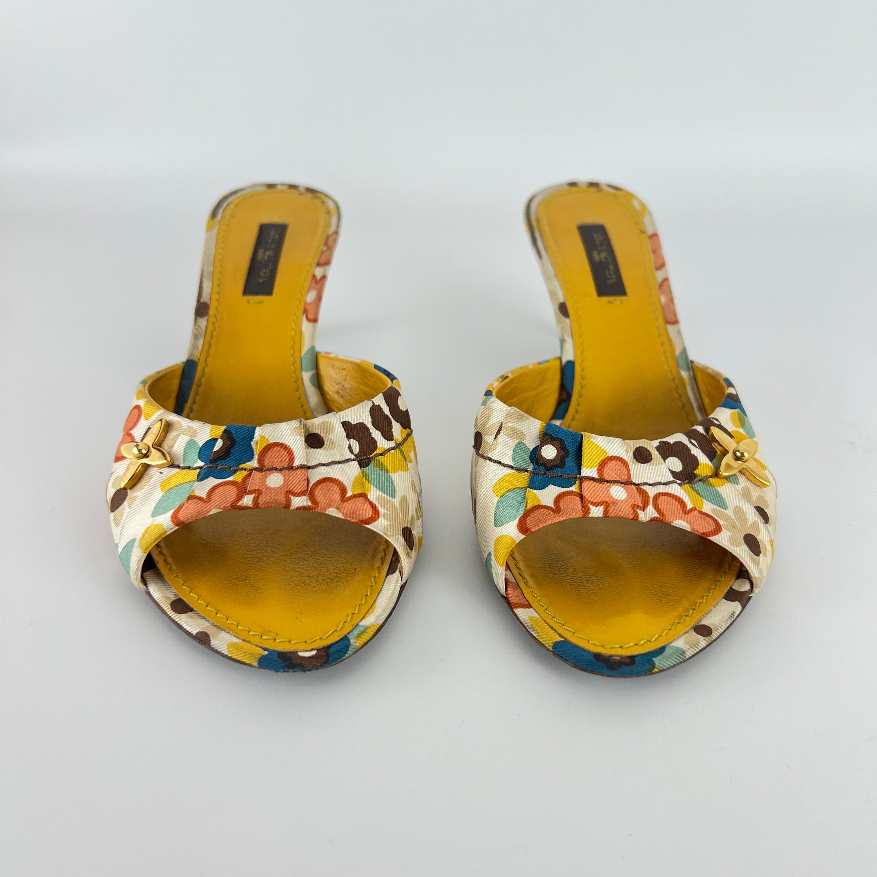 Louis Vuitton | Floral Gold Hardware Logo Kitten Heel Mules (36.5)