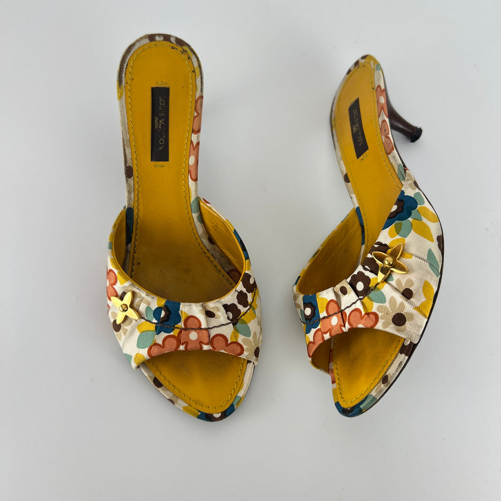 Louis Vuitton | Floral Gold Hardware Logo Kitten Heel Mules (36.5)