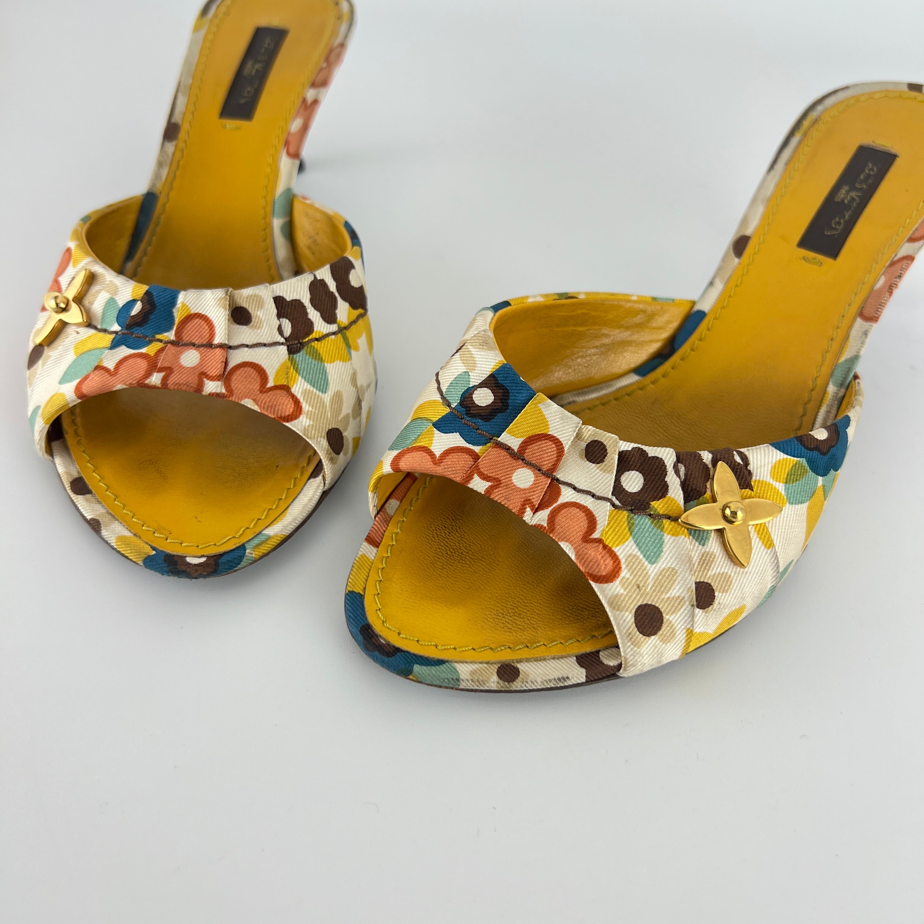 Louis Vuitton | Floral Gold Hardware Logo Kitten Heel Mules (36.5)
