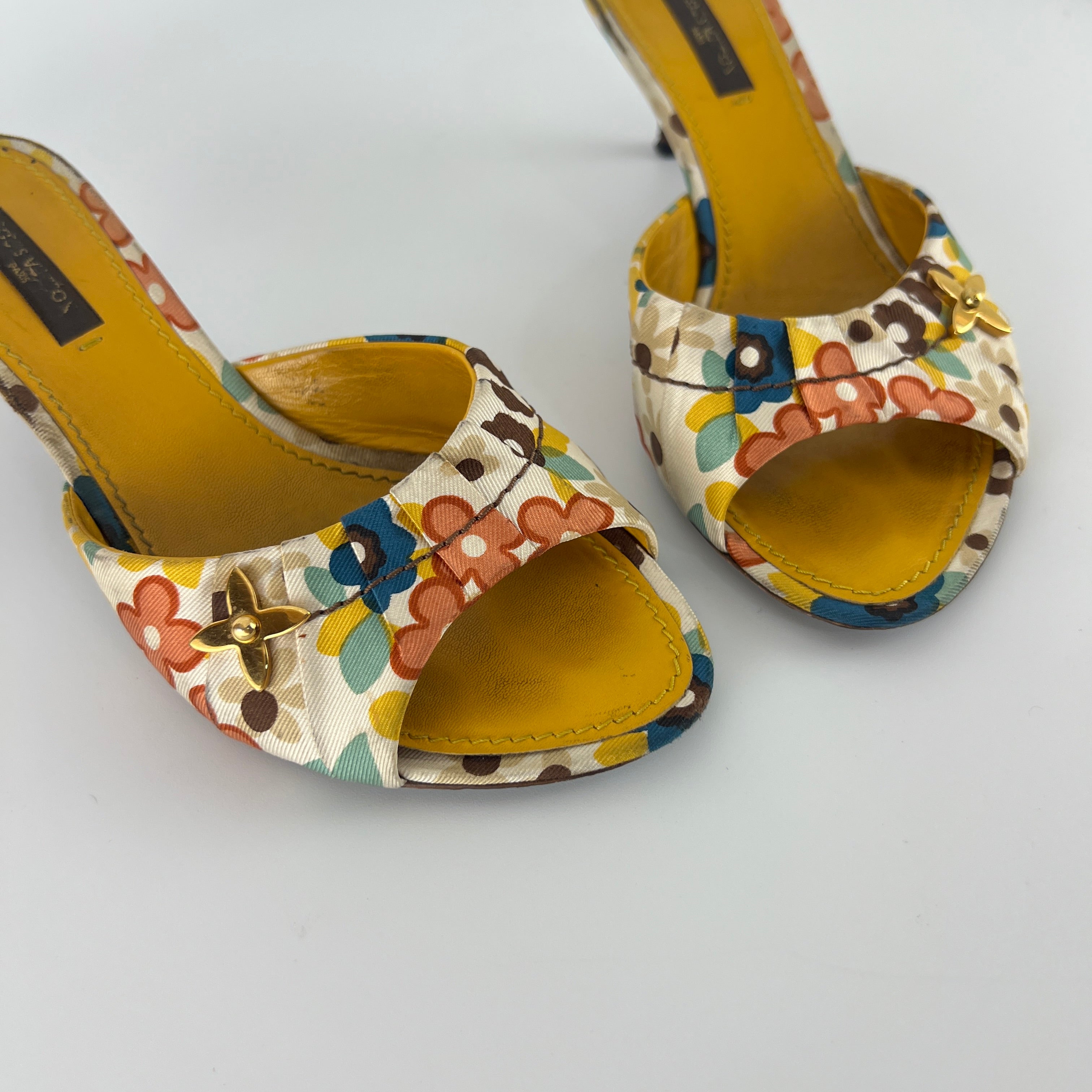Louis Vuitton | Floral Gold Hardware Logo Kitten Heel Mules (36.5)
