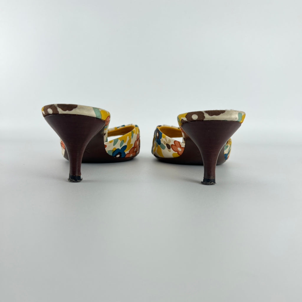 Louis Vuitton | Floral Gold Hardware Logo Kitten Heel Mules (36.5)