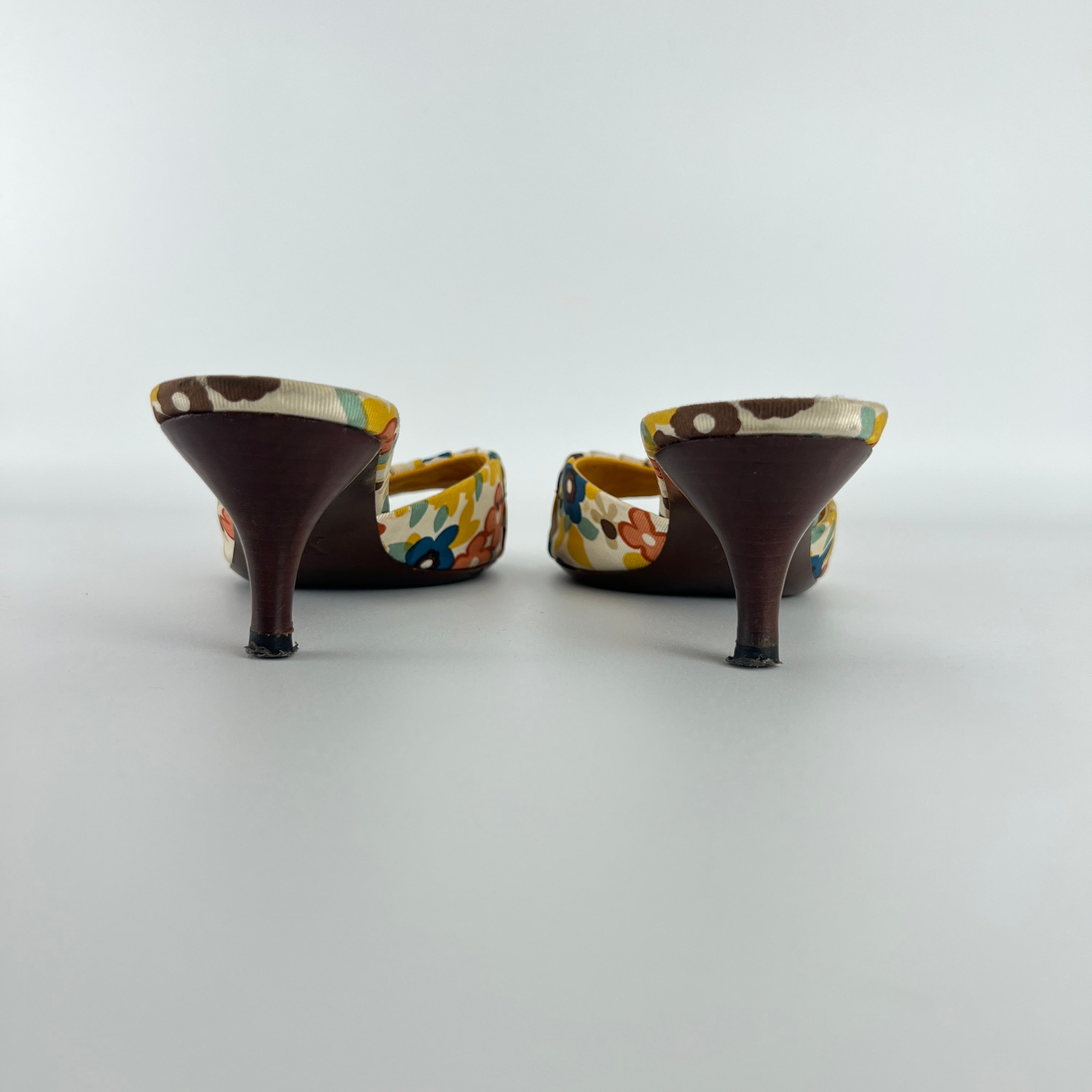 Louis Vuitton | Floral Gold Hardware Logo Kitten Heel Mules (36.5)