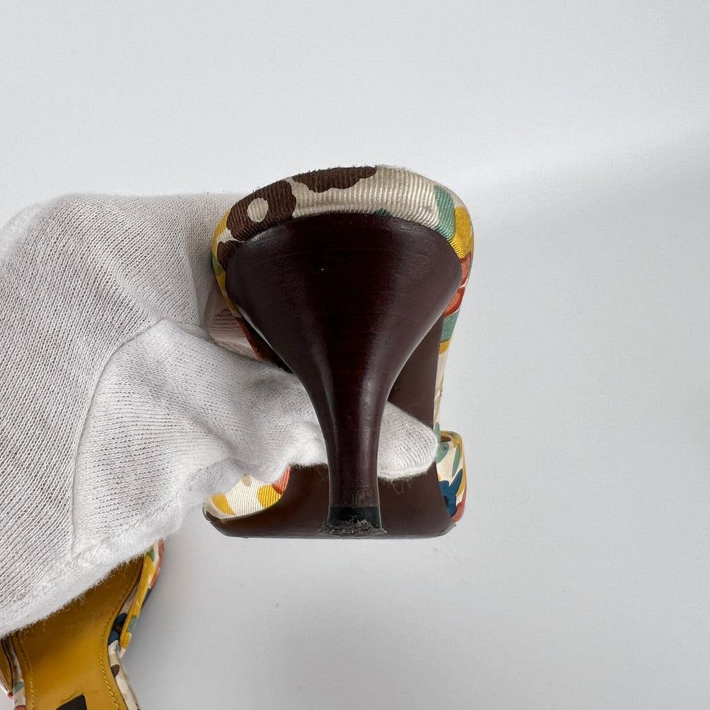 Louis Vuitton | Floral Gold Hardware Logo Kitten Heel Mules (36.5)