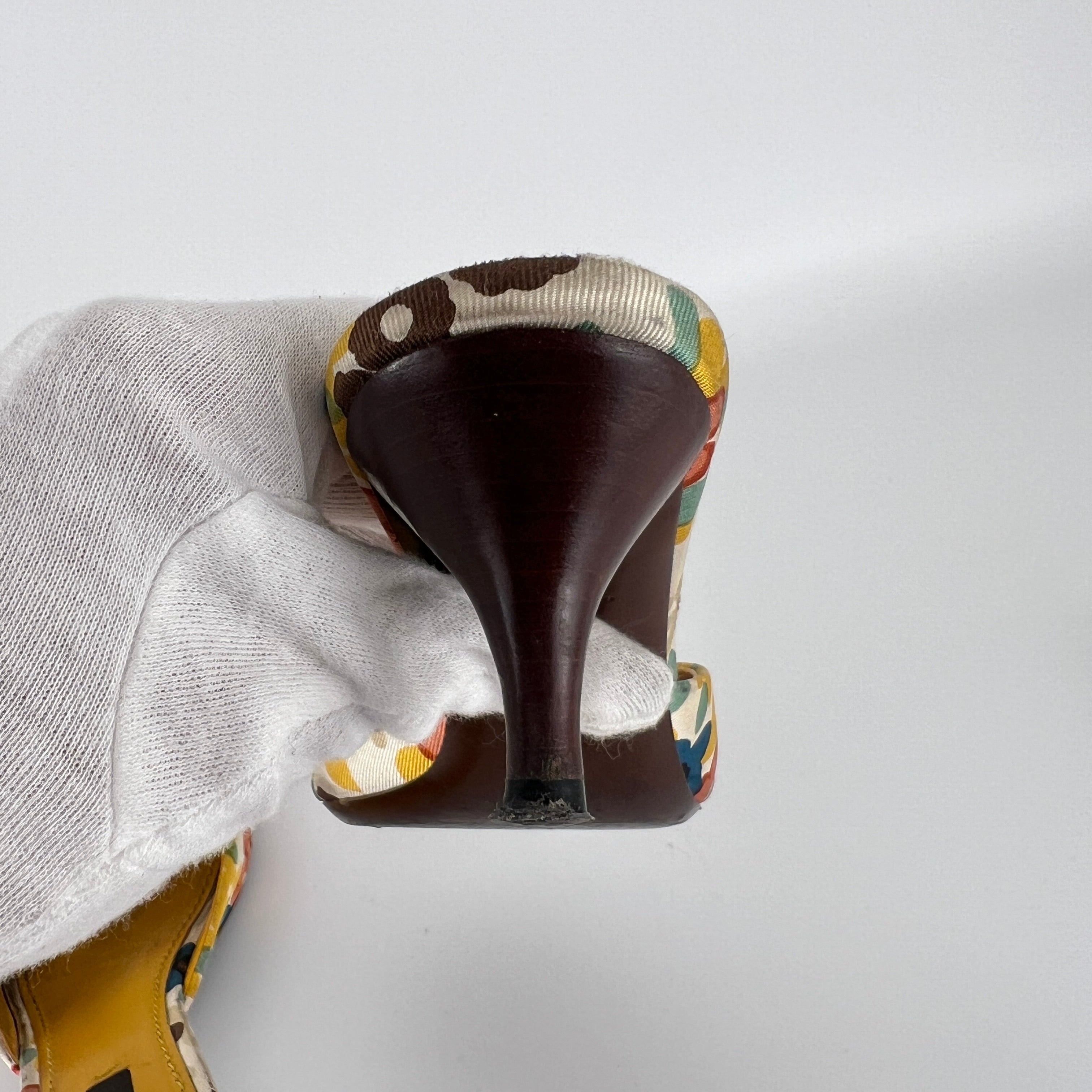 Louis Vuitton | Floral Gold Hardware Logo Kitten Heel Mules (36.5)