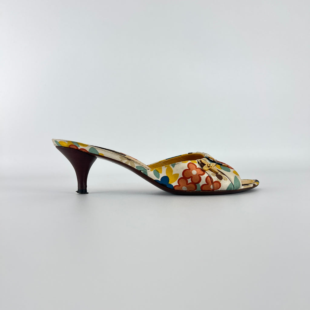 Louis Vuitton | Floral Gold Hardware Logo Kitten Heel Mules (36.5)