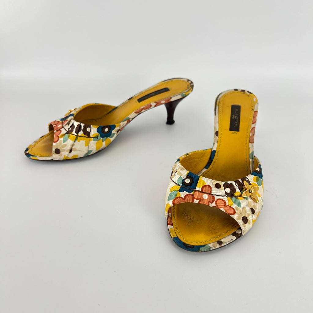 Louis Vuitton | Floral Gold Hardware Logo Kitten Heel Mules (36.5)