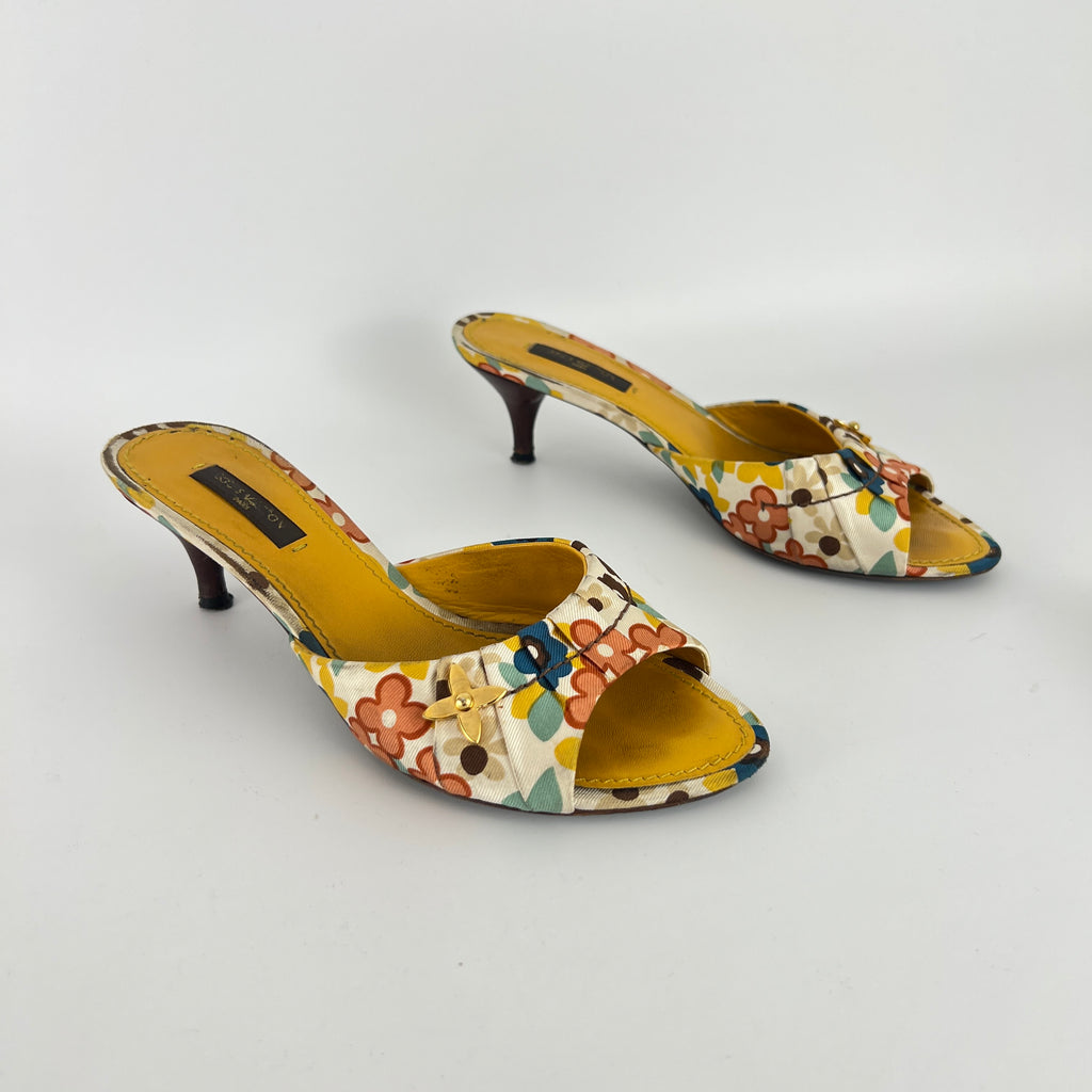 Louis Vuitton | Floral Gold Hardware Logo Kitten Heel Mules (36.5)