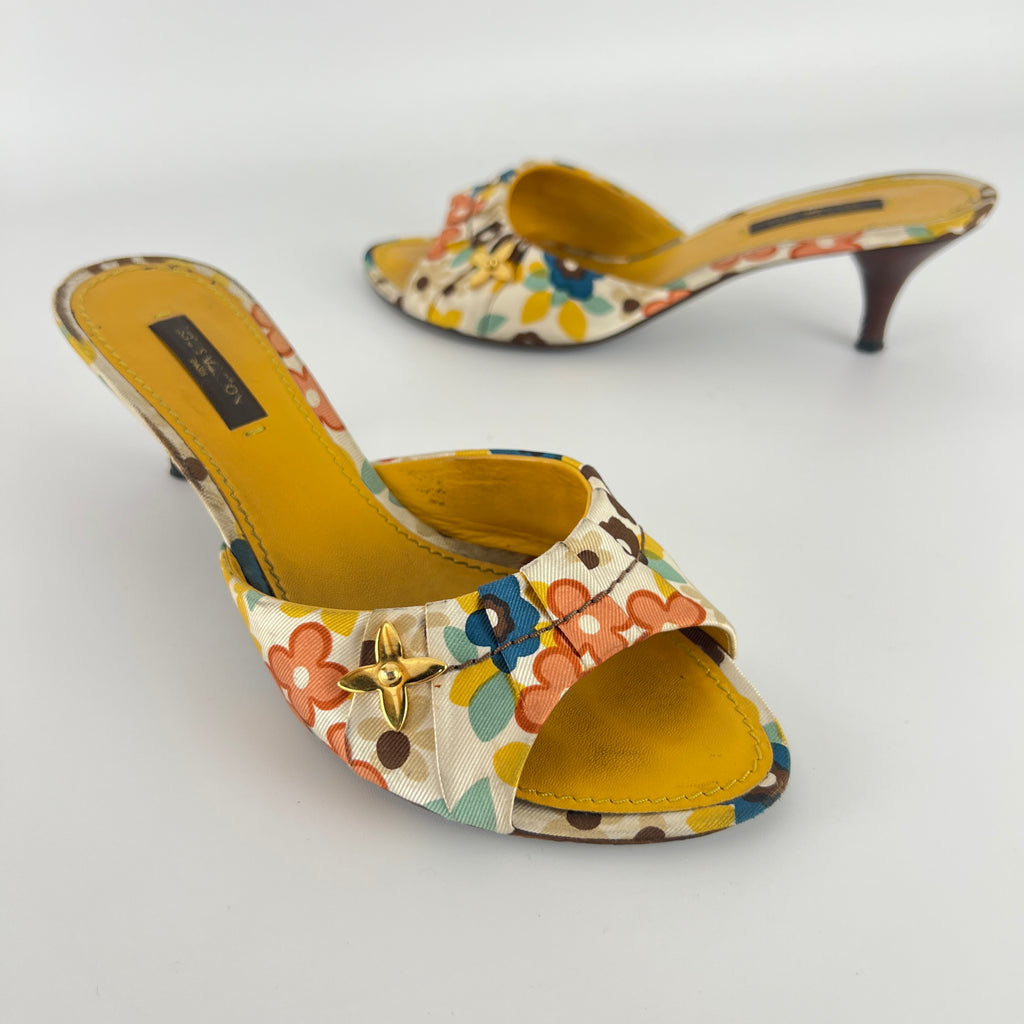 Louis Vuitton | Floral Gold Hardware Logo Kitten Heel Mules (36.5)
