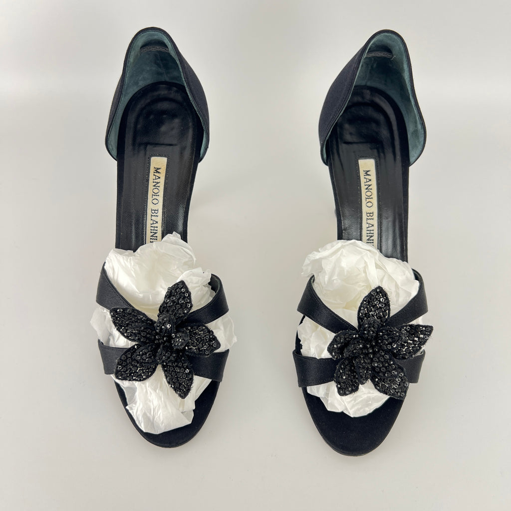 Manolo Blahnik | Black Satin Crystal Embellished Flower D'Orsay Pumps (35)