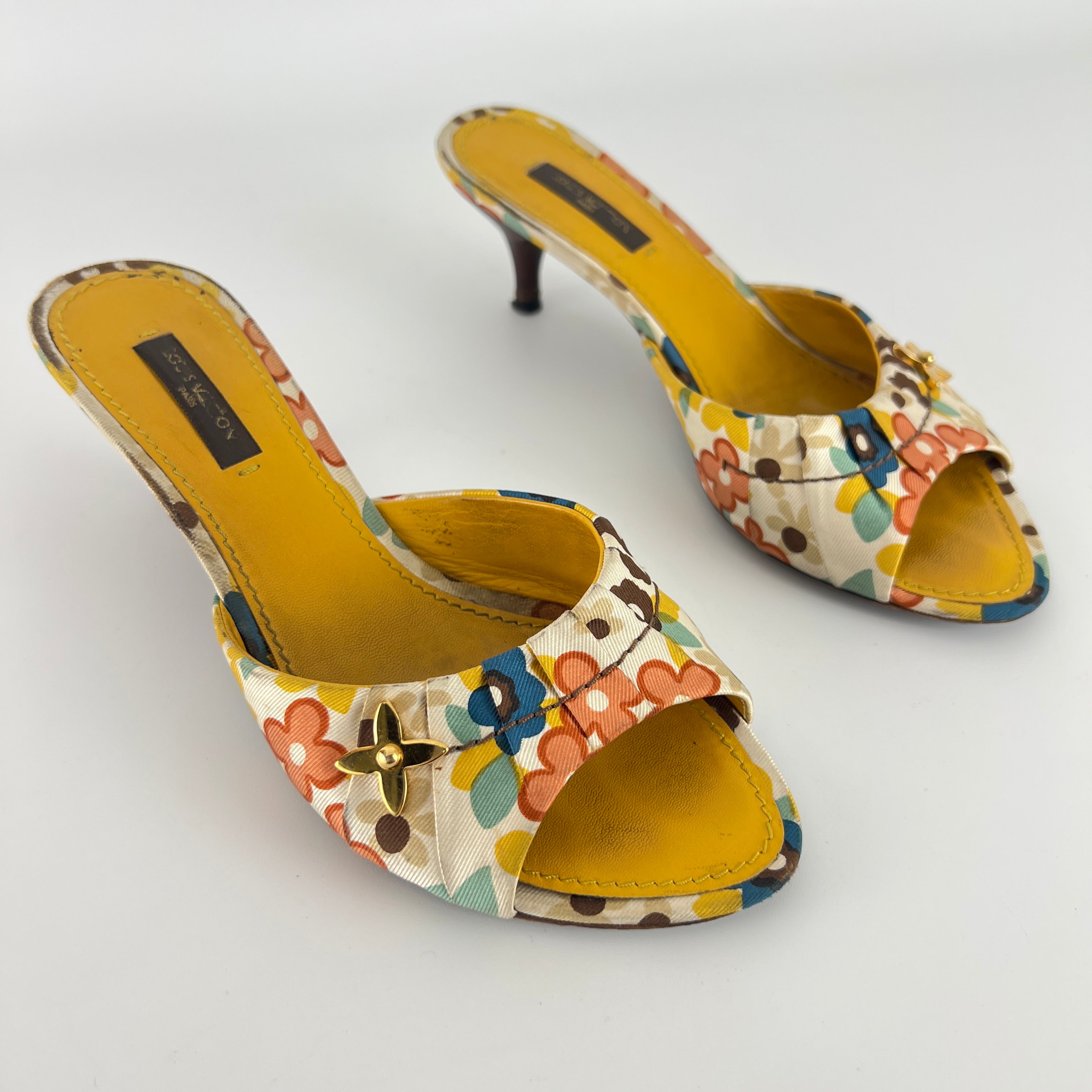 Louis Vuitton | Floral Gold Hardware Logo Kitten Heel Mules (36.5)