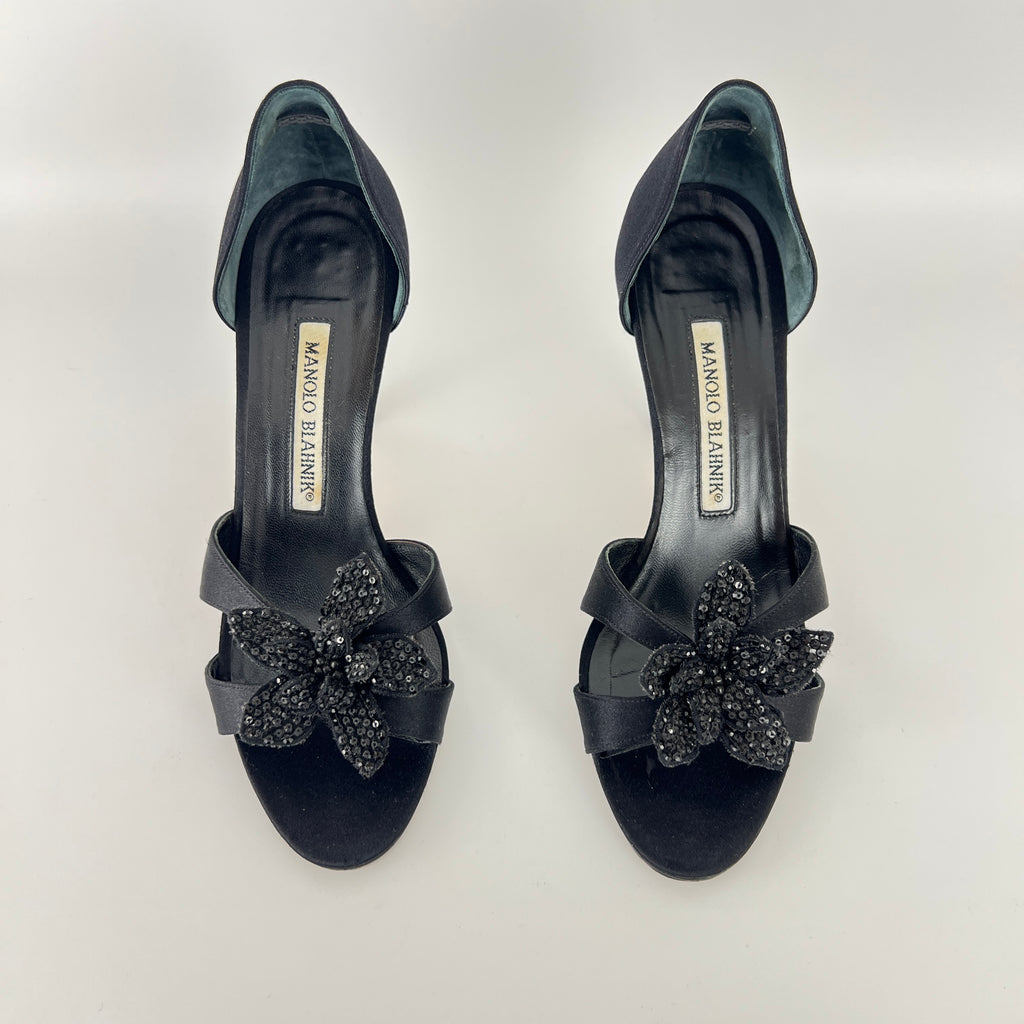 Manolo Blahnik | Black Satin Crystal Embellished Flower D'Orsay Pumps (35)