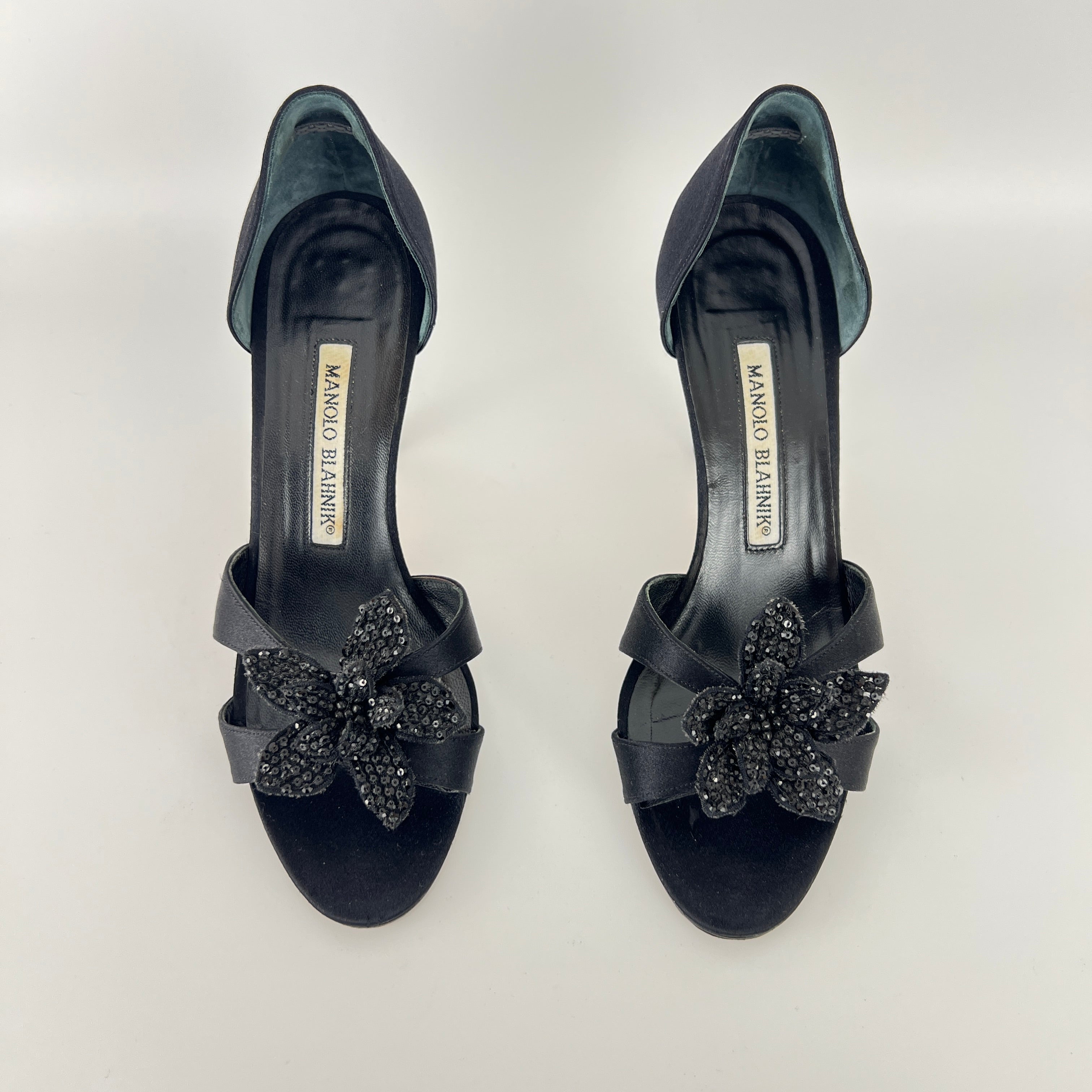 Manolo Blahnik | Black Satin Crystal Embellished Flower D'Orsay Pumps (35)