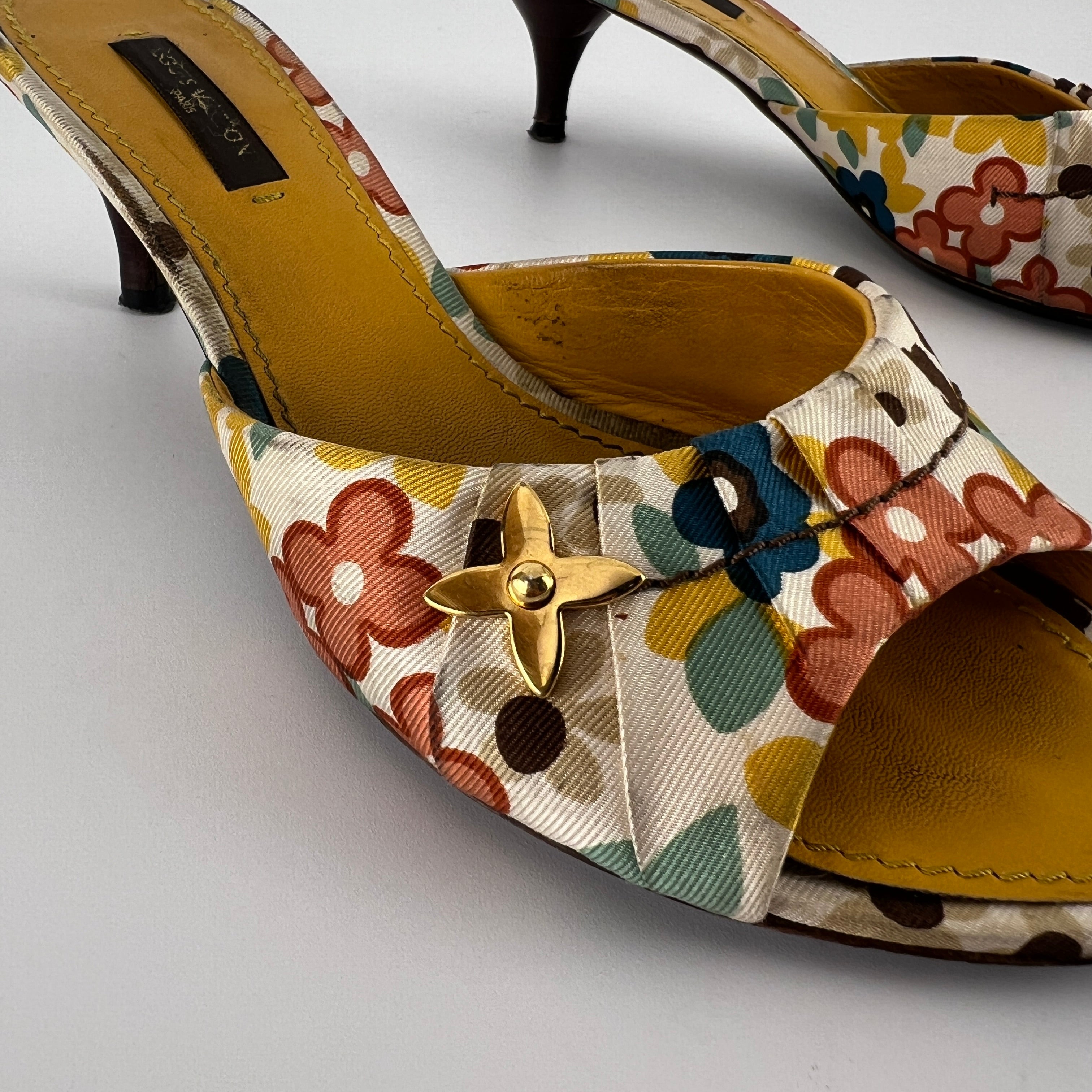 Louis Vuitton | Floral Gold Hardware Logo Kitten Heel Mules (36.5)