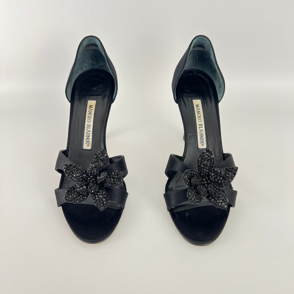 Manolo Blahnik | Black Satin Crystal Embellished Flower D'Orsay Pumps (35)
