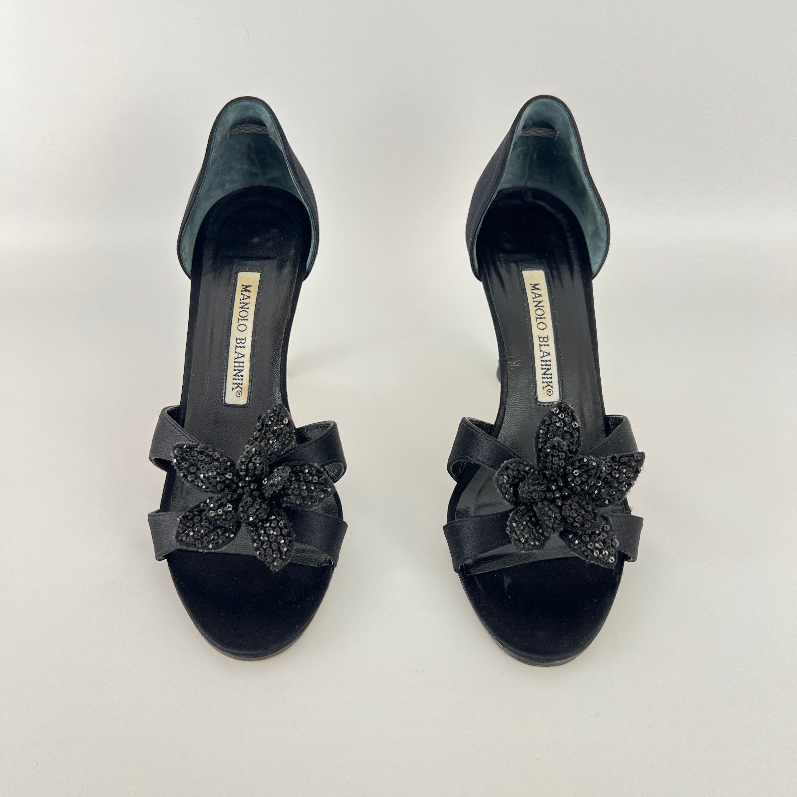 Manolo Blahnik | Black Satin Crystal Embellished Flower D'Orsay Pumps (35)