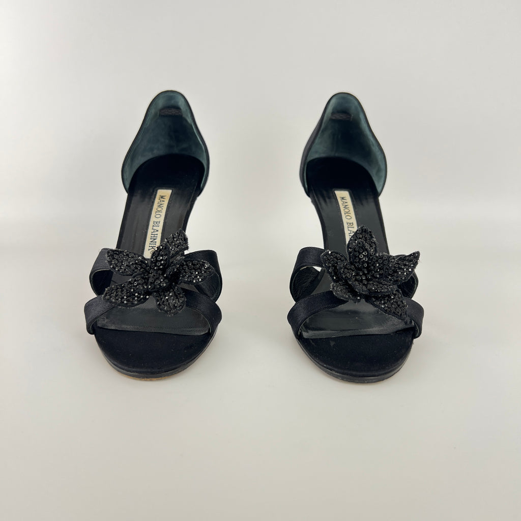 Manolo Blahnik | Black Satin Crystal Embellished Flower D'Orsay Pumps (35)