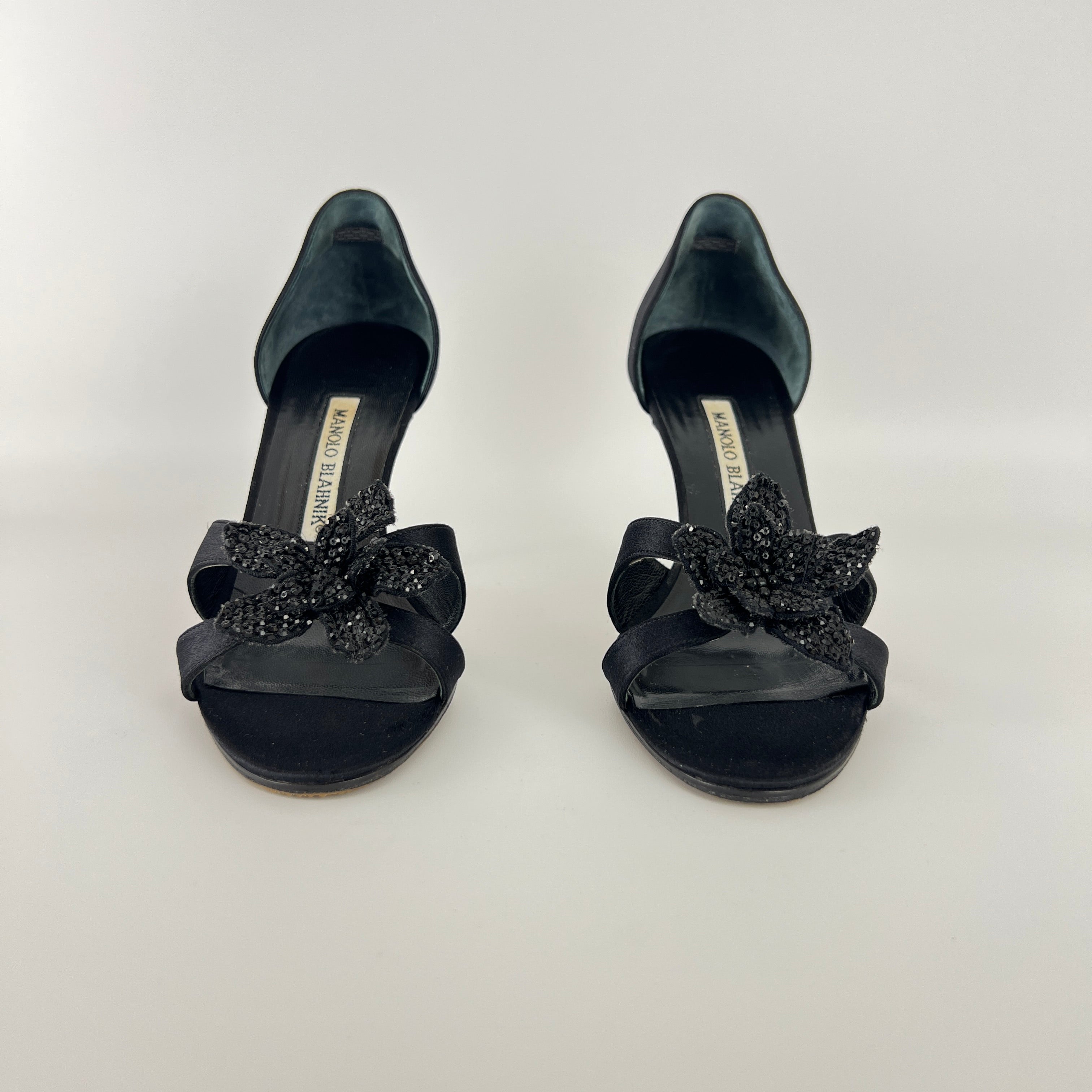 Manolo Blahnik | Black Satin Crystal Embellished Flower D'Orsay Pumps (35)