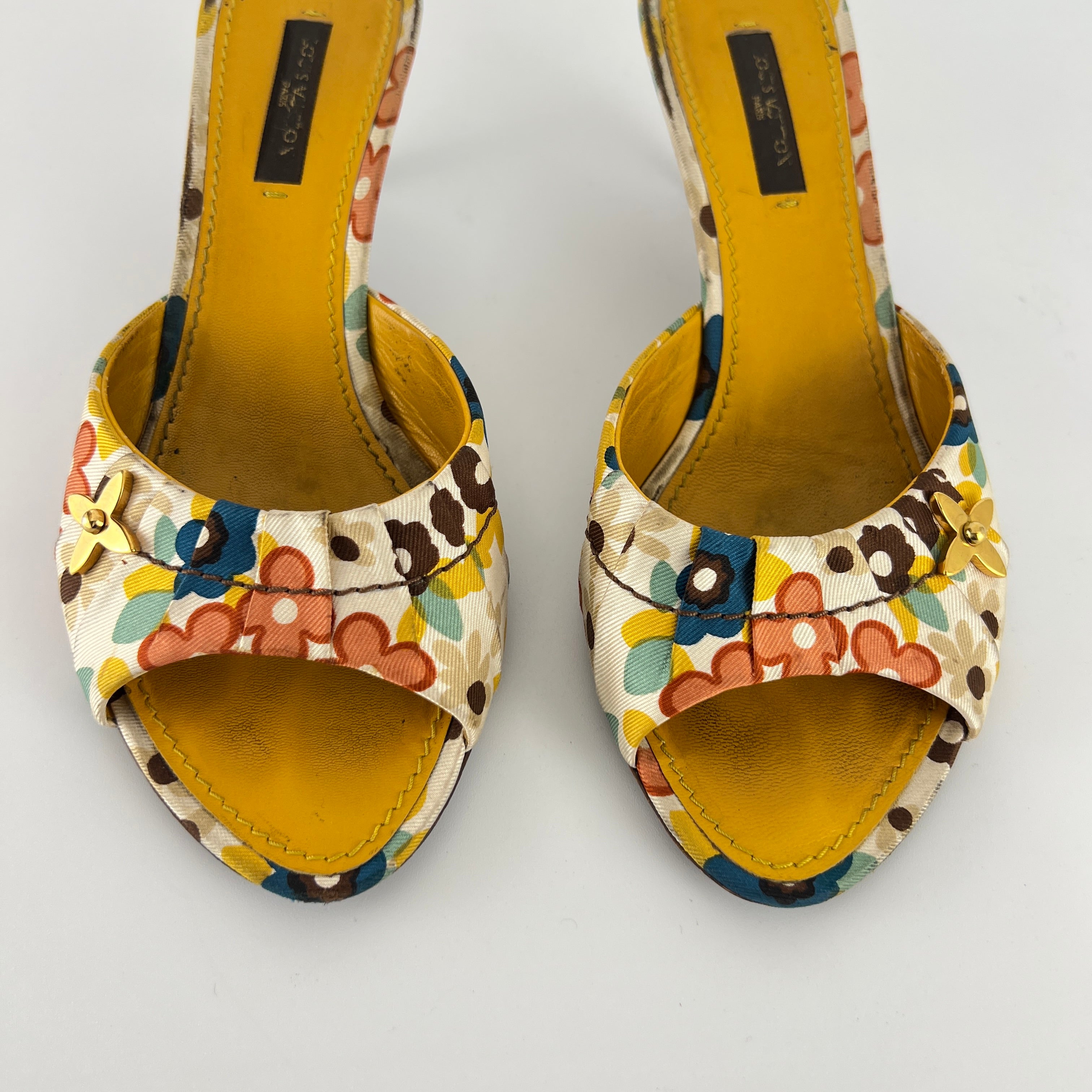 Louis Vuitton | Floral Gold Hardware Logo Kitten Heel Mules (36.5)