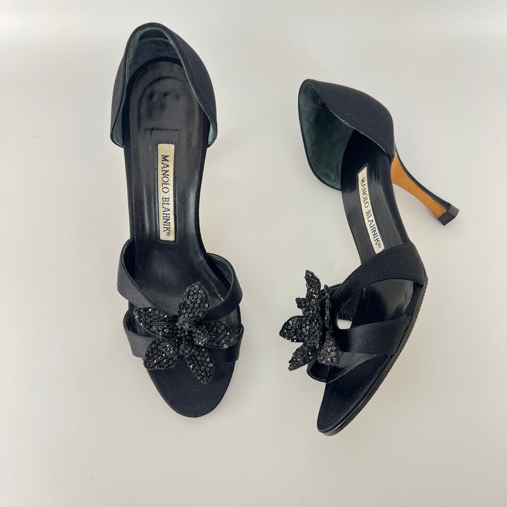 Manolo Blahnik | Black Satin Crystal Embellished Flower D'Orsay Pumps (35)
