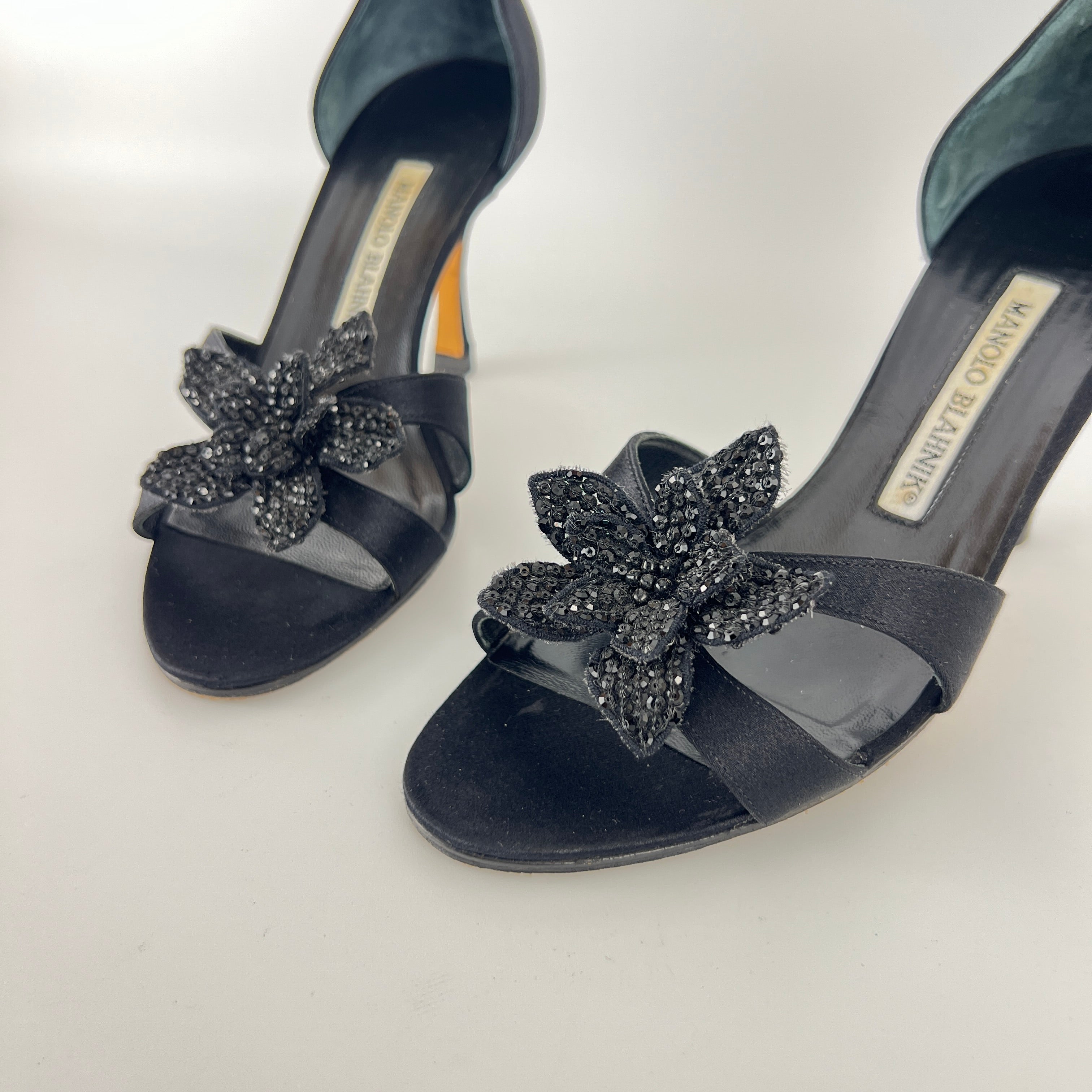 Manolo Blahnik | Black Satin Crystal Embellished Flower D'Orsay Pumps (35)