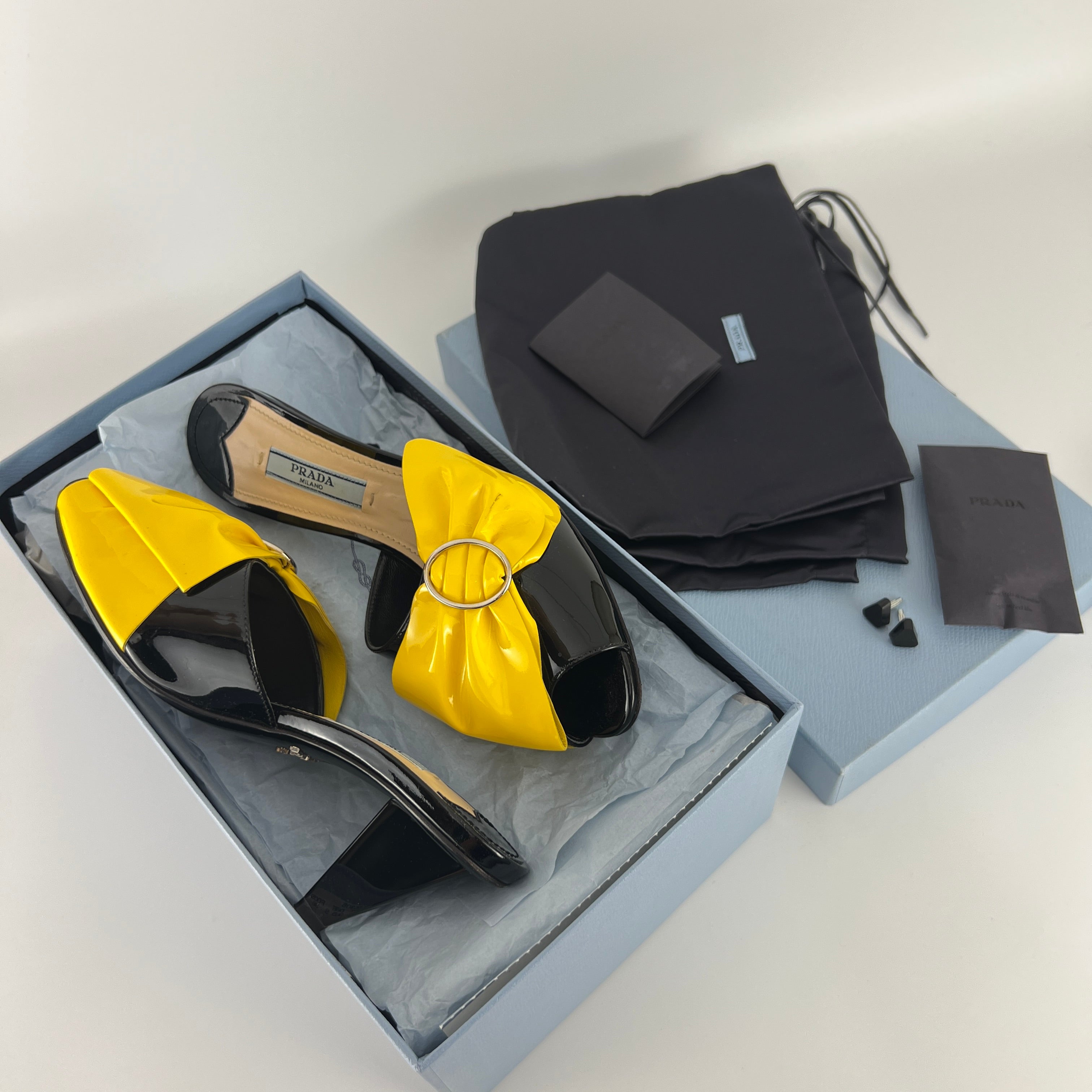 Prada | Yellow Knot Black Patent Leather Mid Heel Mules (36)