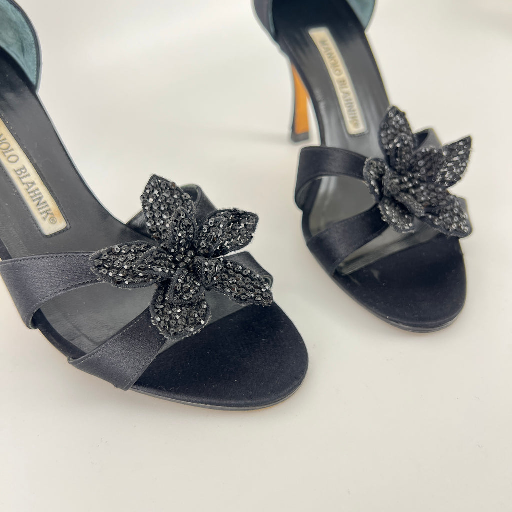 Manolo Blahnik | Black Satin Crystal Embellished Flower D'Orsay Pumps (35)