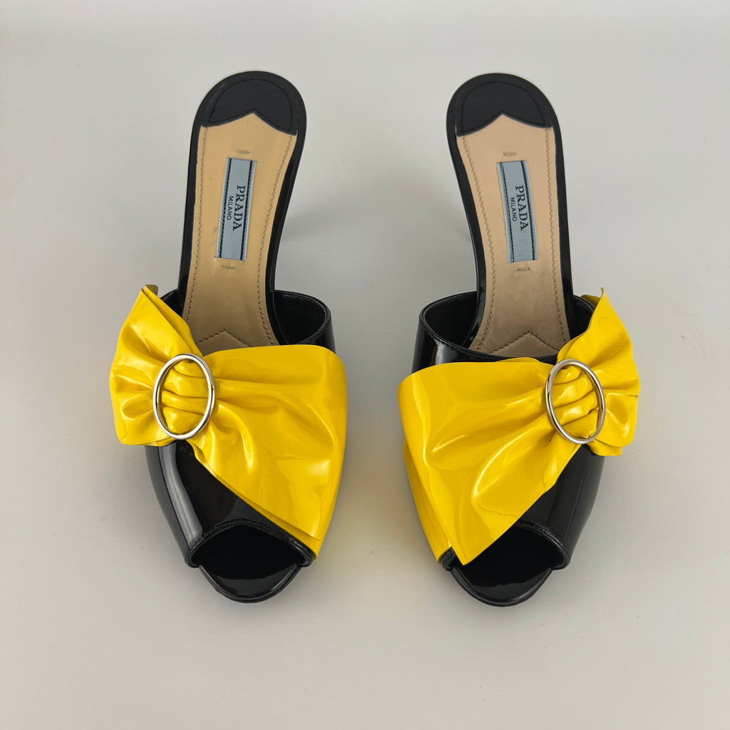 Prada | Yellow Knot Black Patent Leather Mid Heel Mules (36)