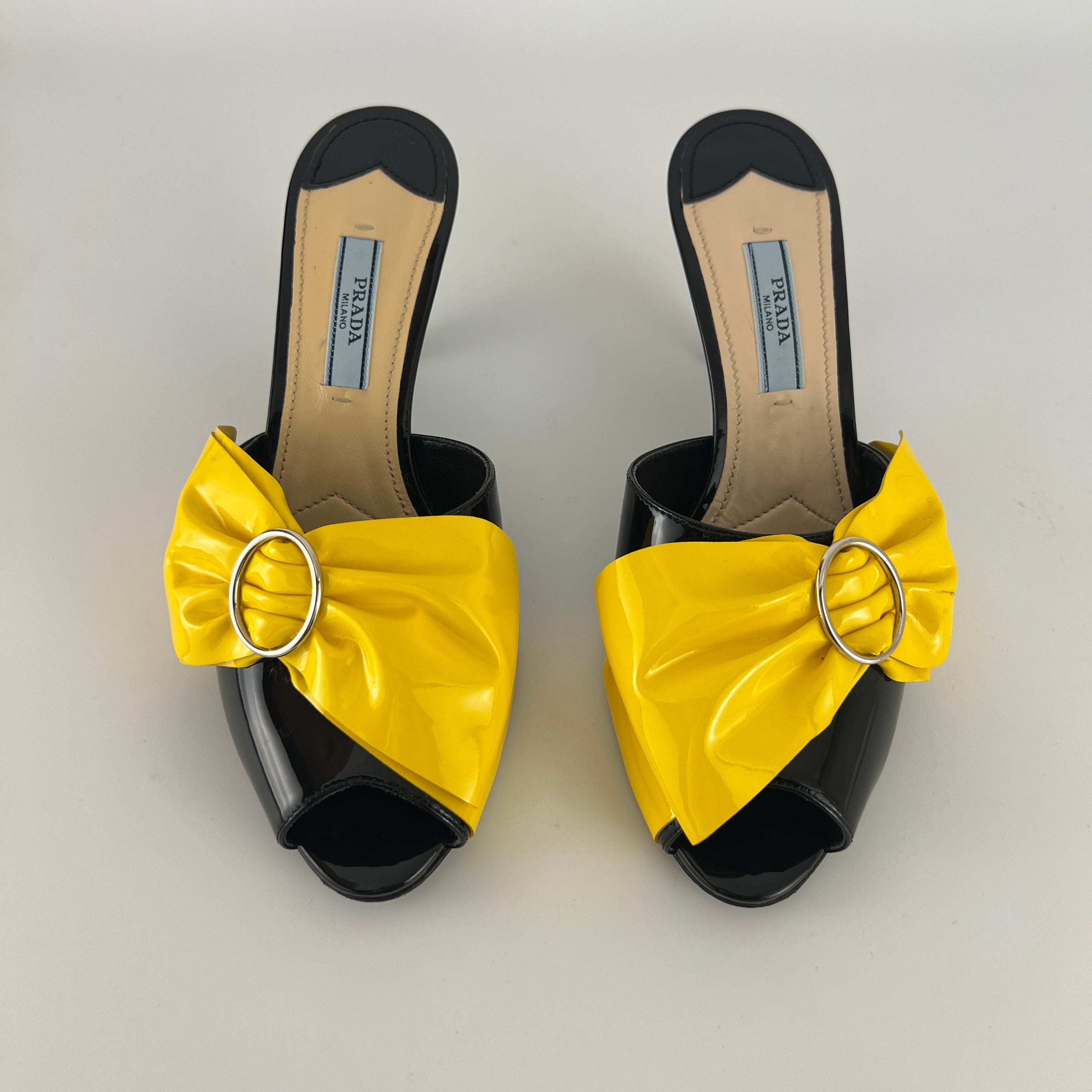 Prada | Yellow Knot Black Patent Leather Mid Heel Mules (36)