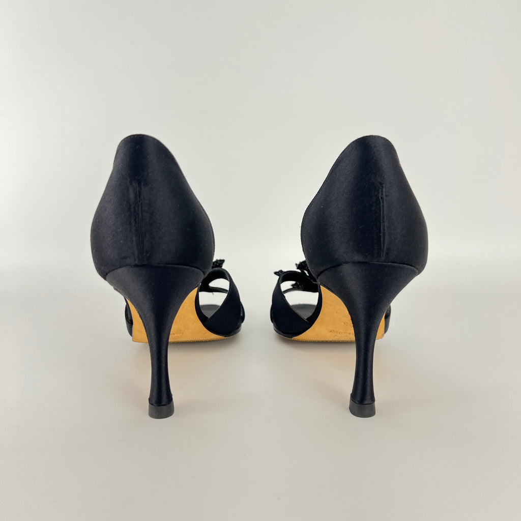 Manolo Blahnik | Black Satin Crystal Embellished Flower D'Orsay Pumps (35)