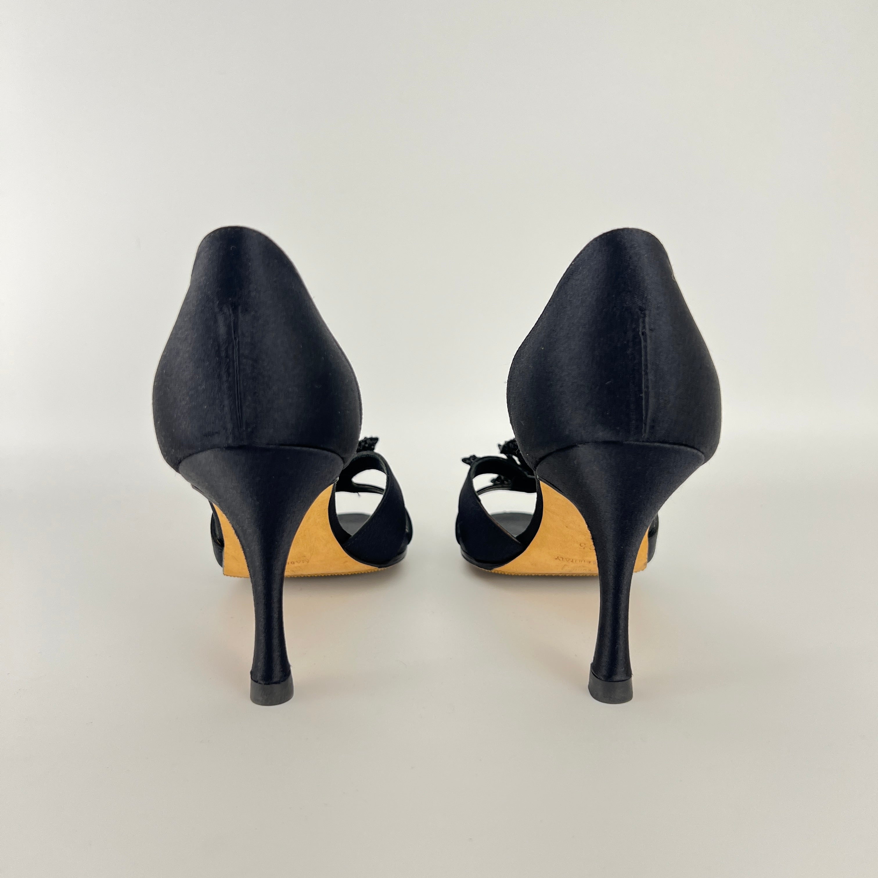 Manolo Blahnik | Black Satin Crystal Embellished Flower D'Orsay Pumps (35)