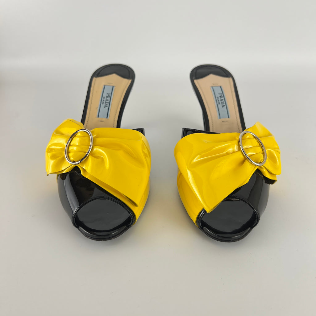 Prada | Yellow Knot Black Patent Leather Mid Heel Mules (36)