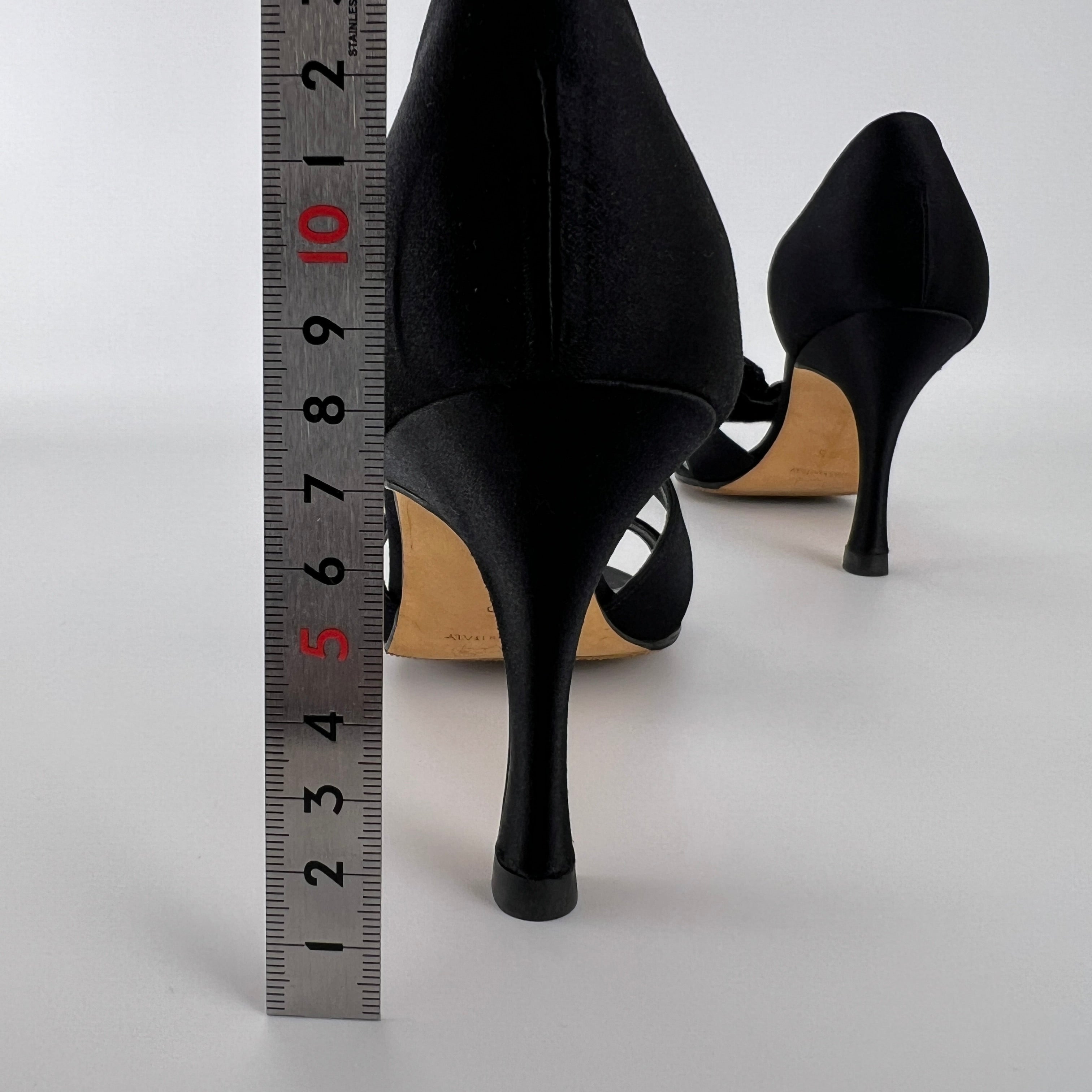 Manolo Blahnik | Black Satin Crystal Embellished Flower D'Orsay Pumps (35)