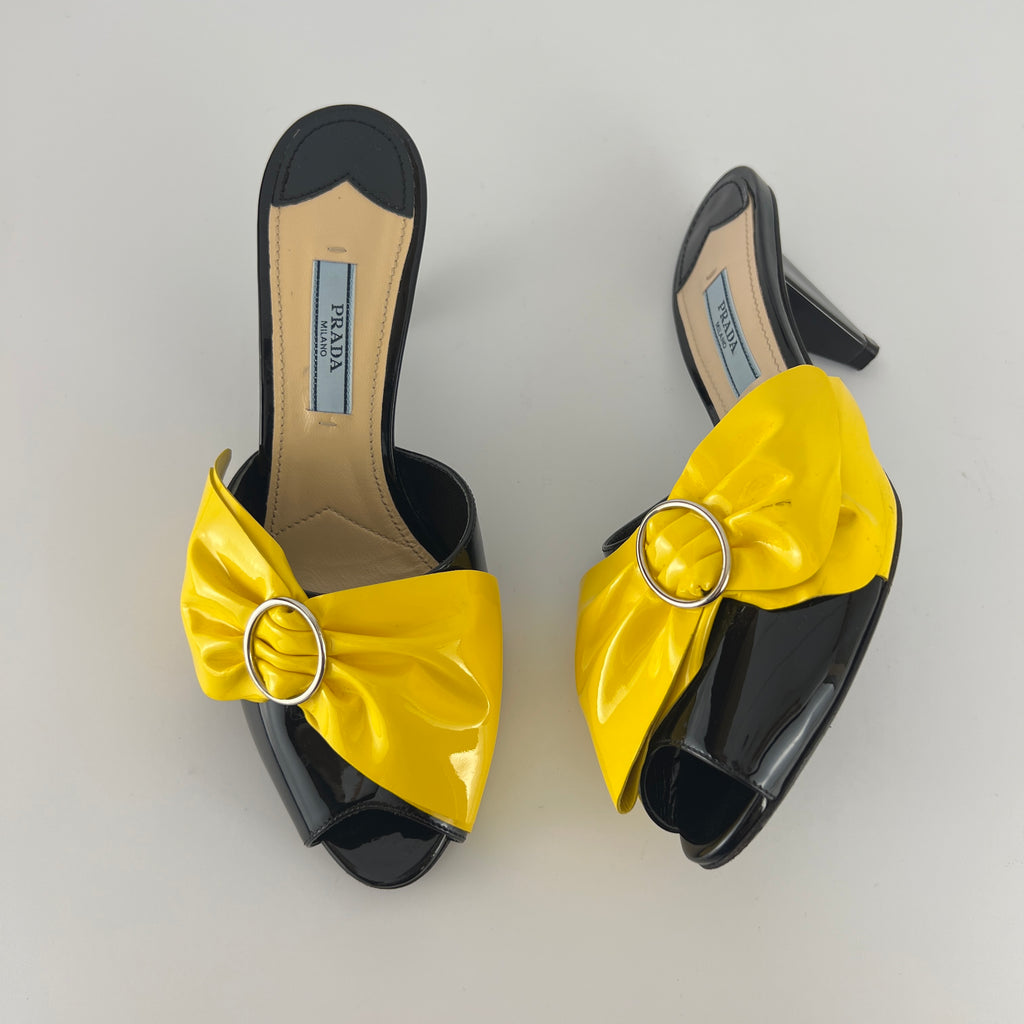 Prada | Yellow Knot Black Patent Leather Mid Heel Mules (36)