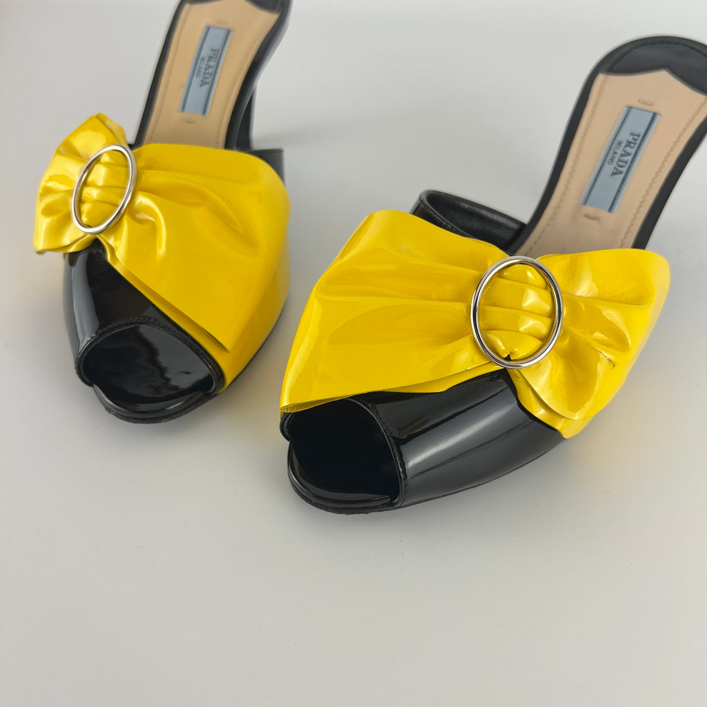 Prada | Yellow Knot Black Patent Leather Mid Heel Mules (36)
