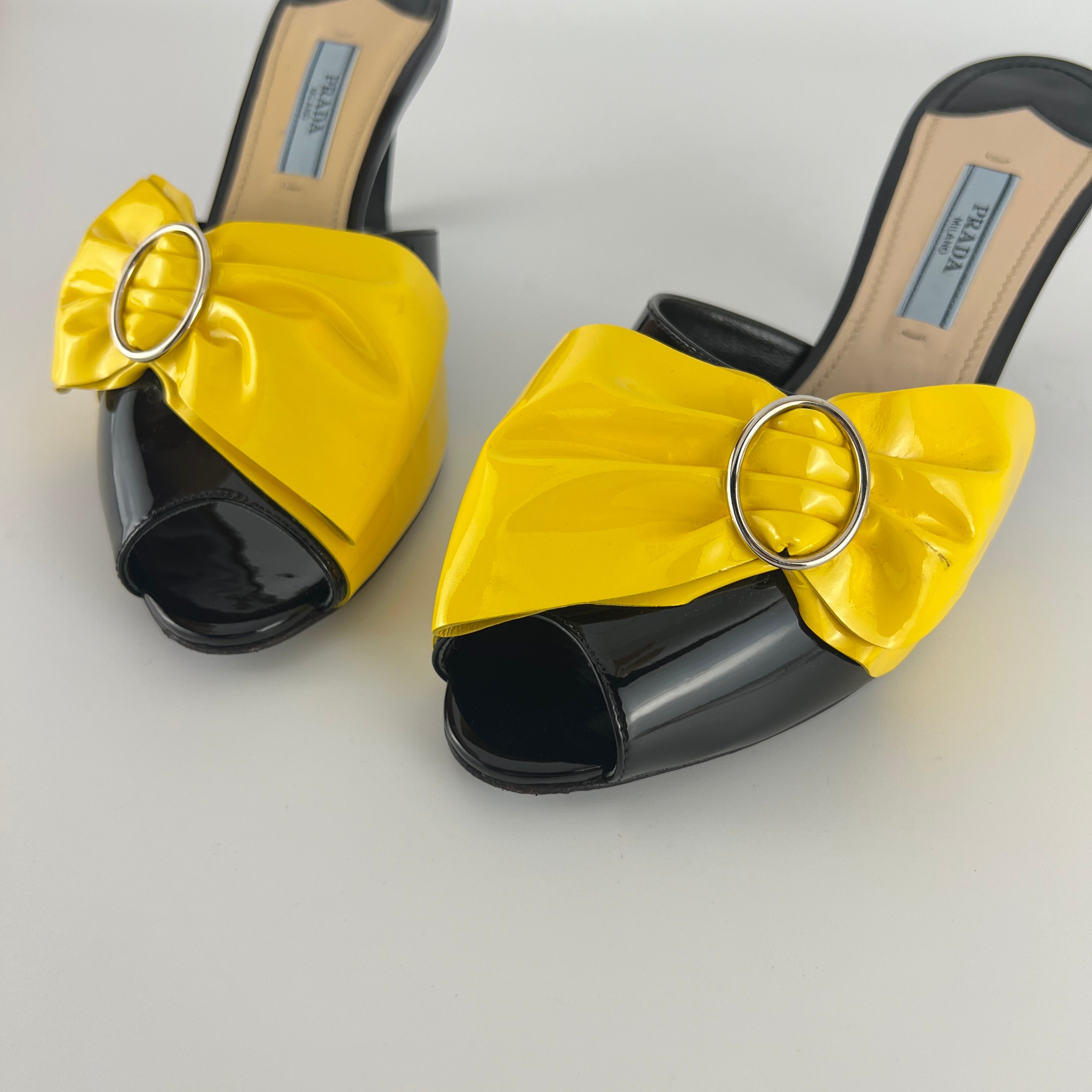 Prada | Yellow Knot Black Patent Leather Mid Heel Mules (36)